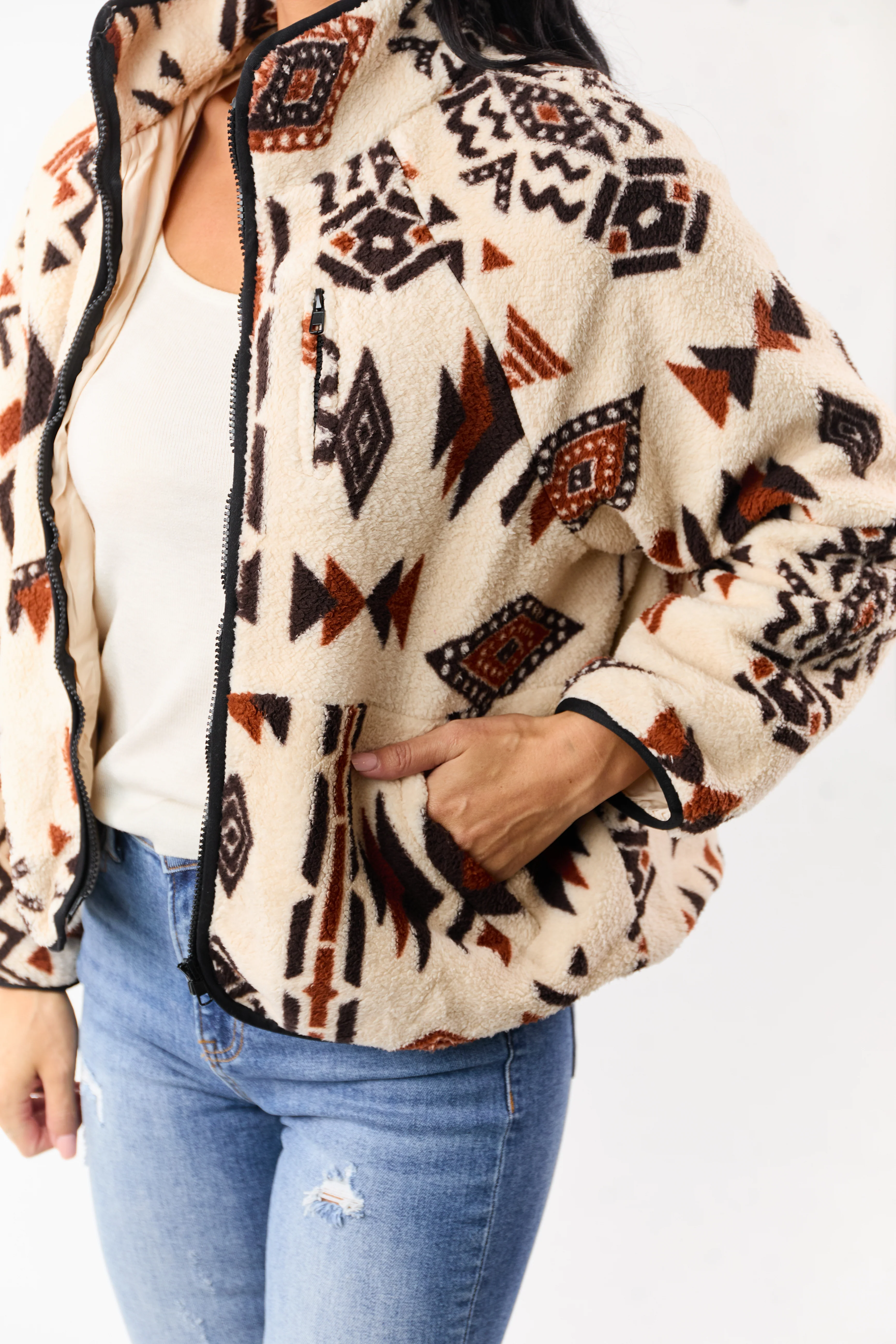 Almond Aztec Pattern Zip Up Sherpa Jacket - Image 2