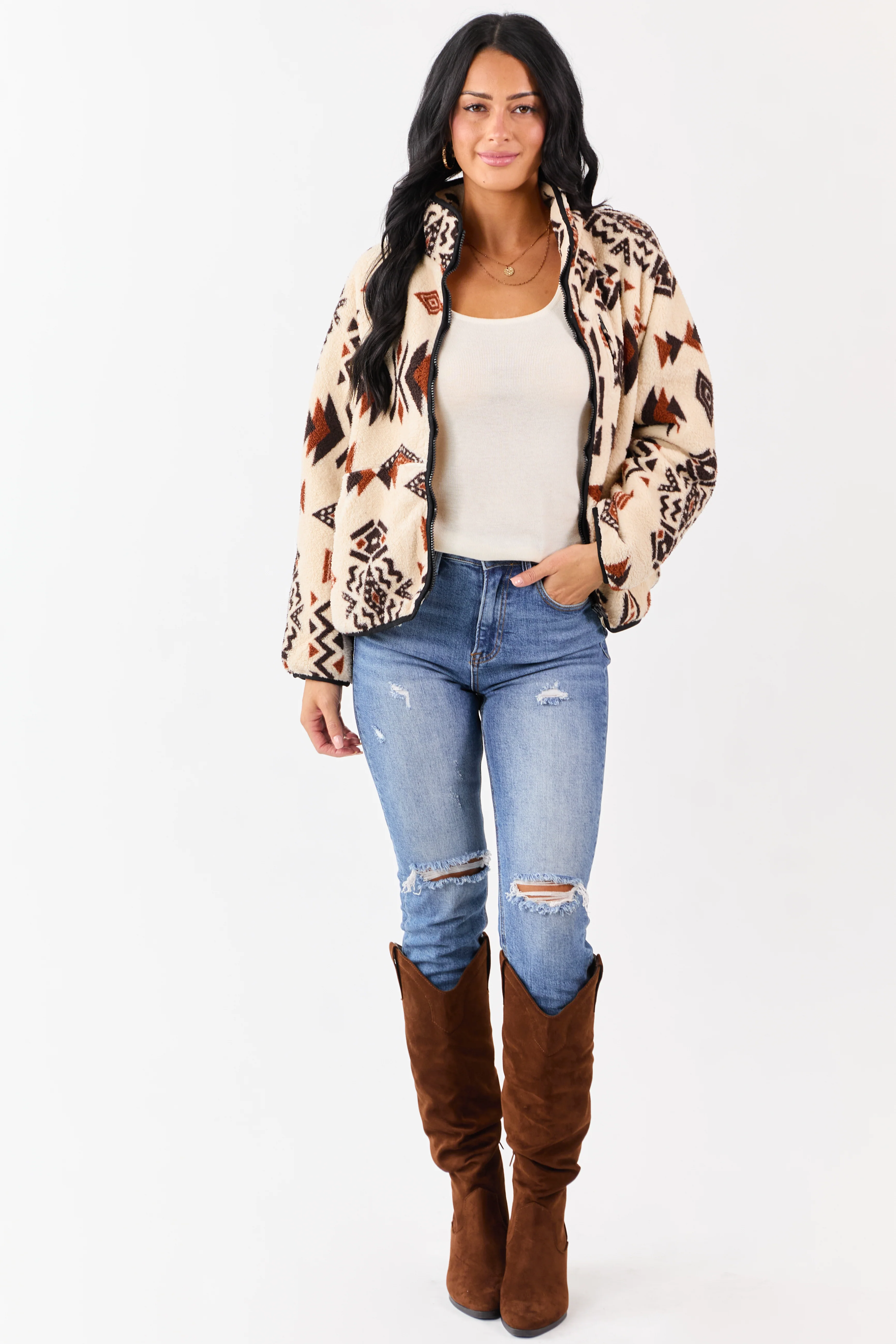 Almond Aztec Pattern Zip Up Sherpa Jacket - Image 3