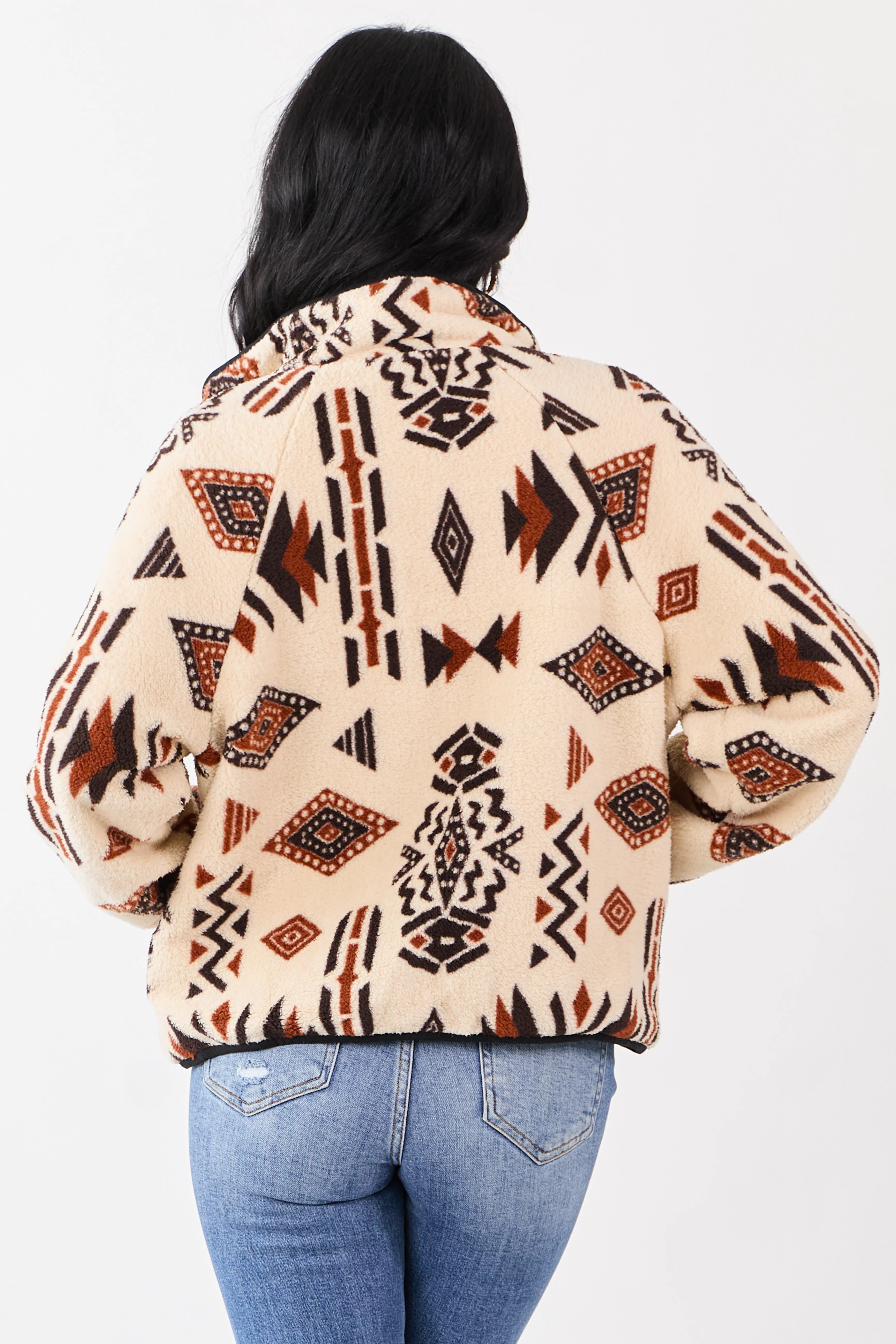 Almond Aztec Pattern Zip Up Sherpa Jacket - Image 5