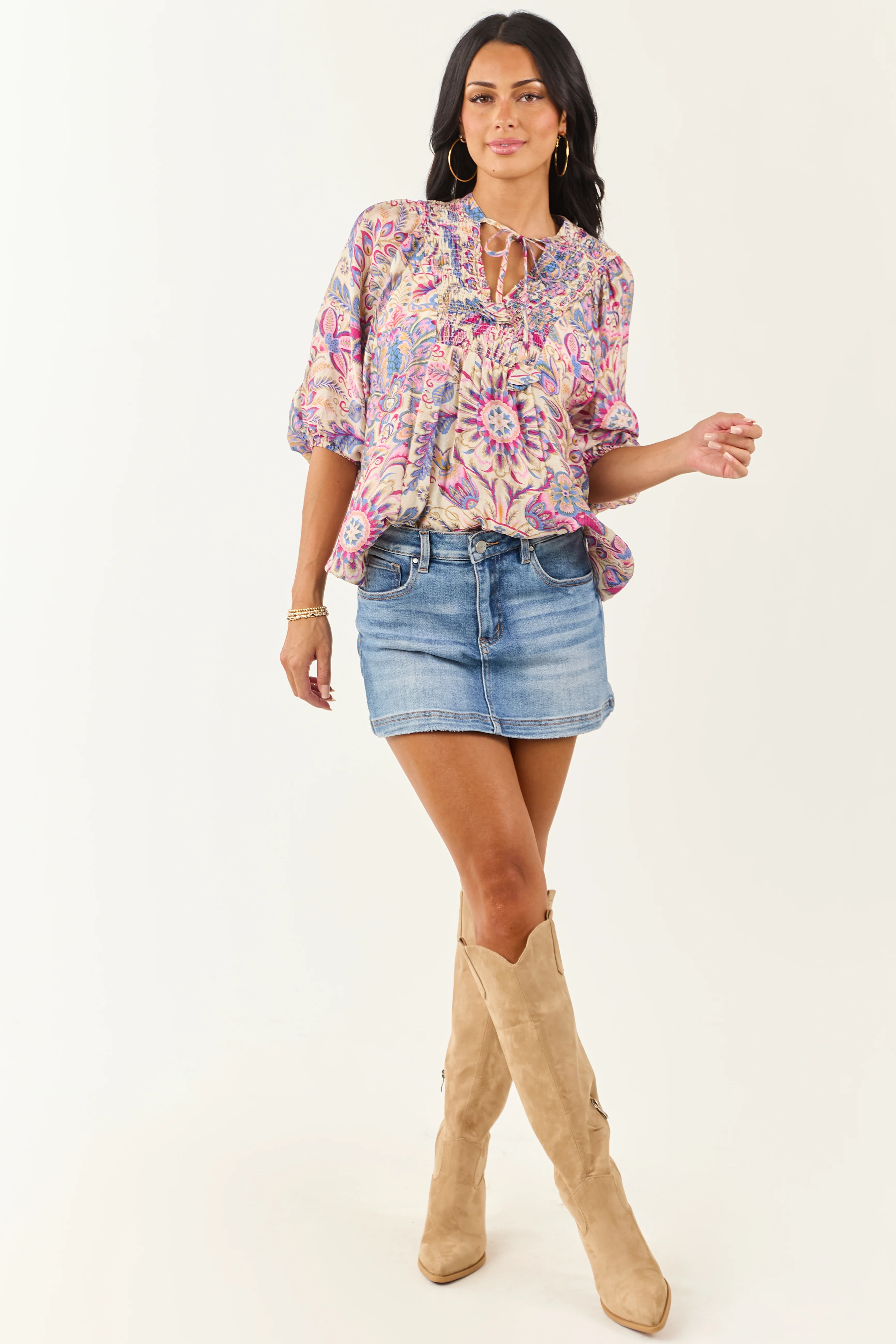 Almond Boho Scarf Print Relaxed Half Sleeve Top - Image 3