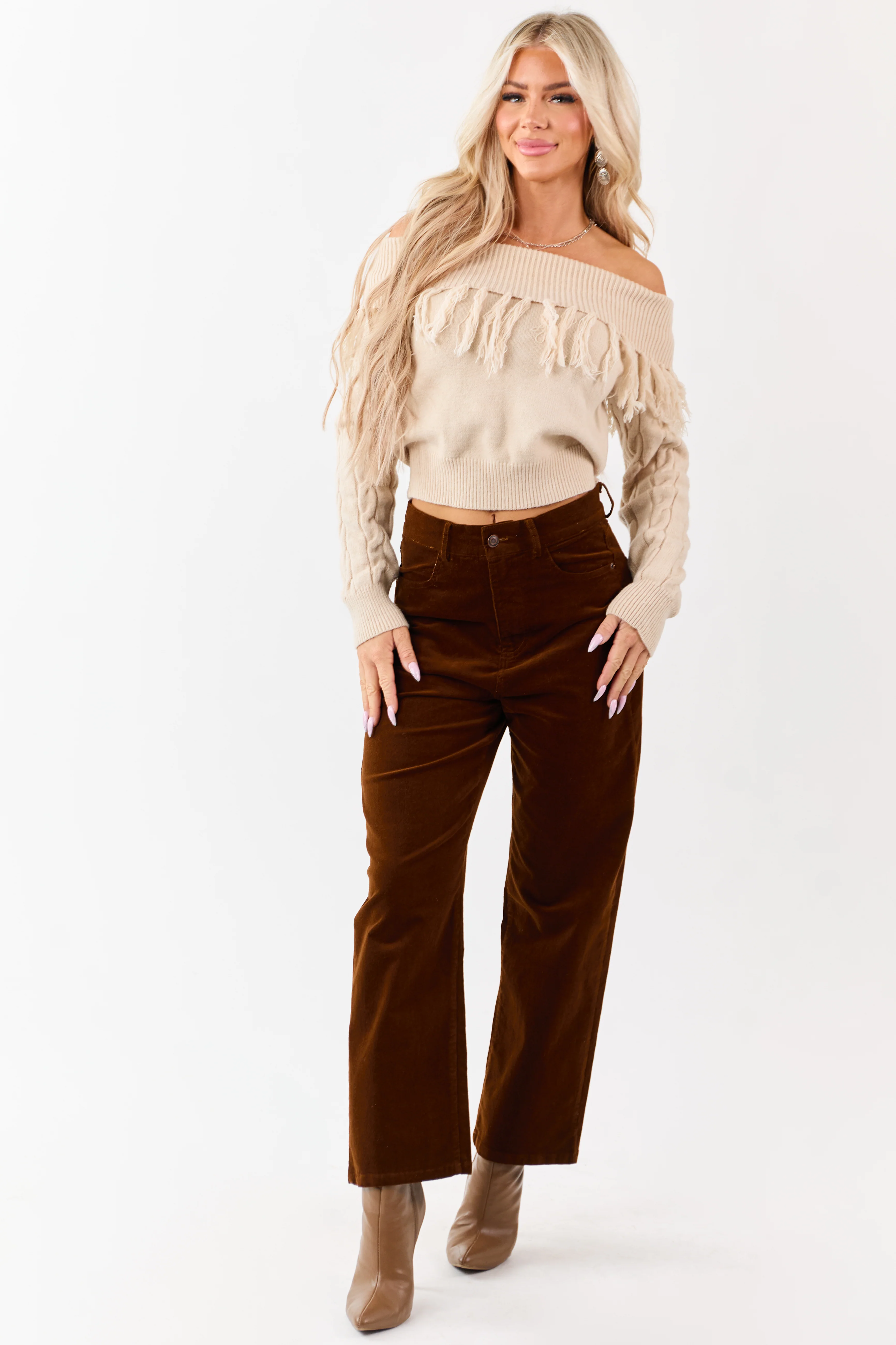 Almond Cable Knit Off Shoulder Tassel Sweater - Image 2