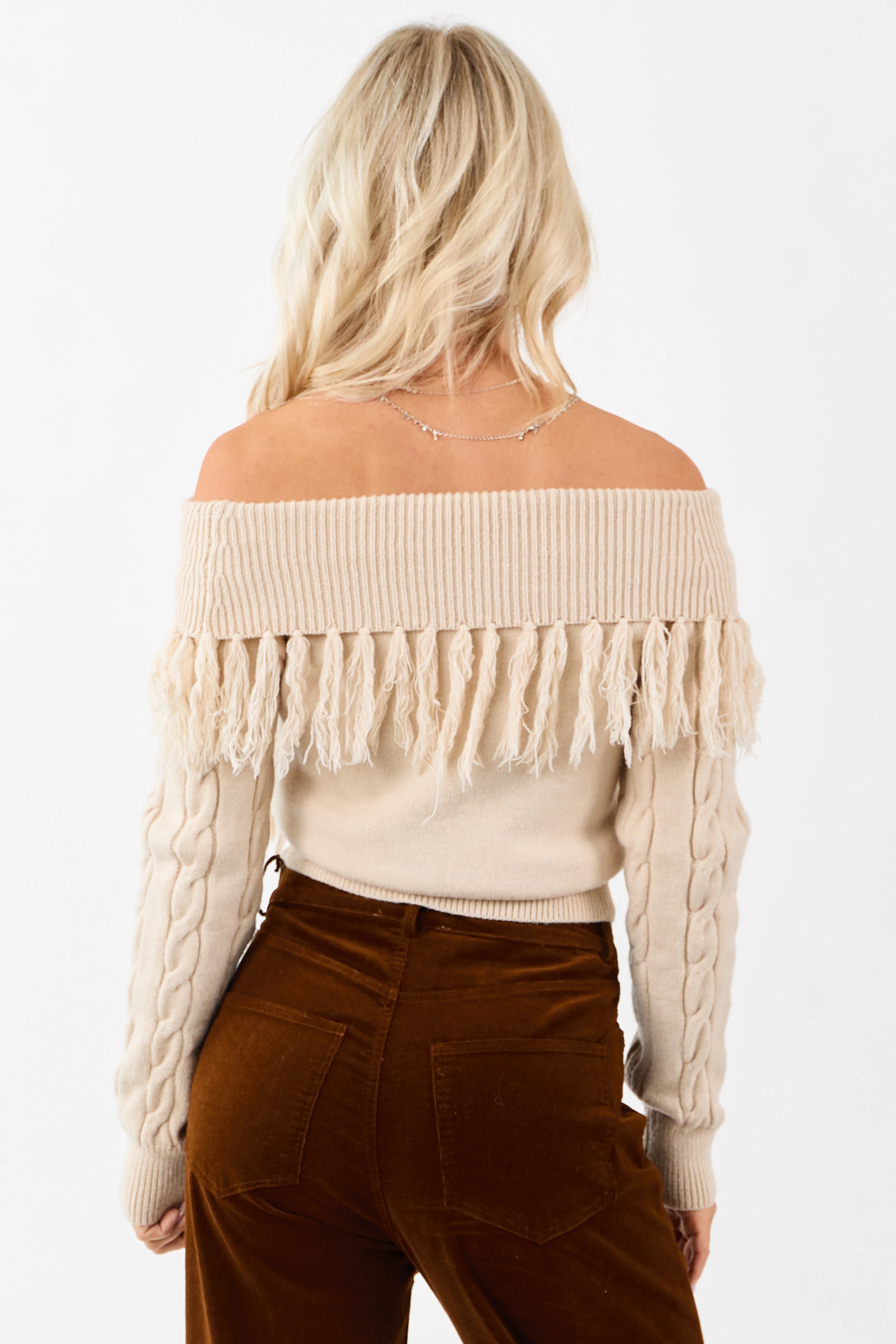 Almond Cable Knit Off Shoulder Tassel Sweater - Image 6