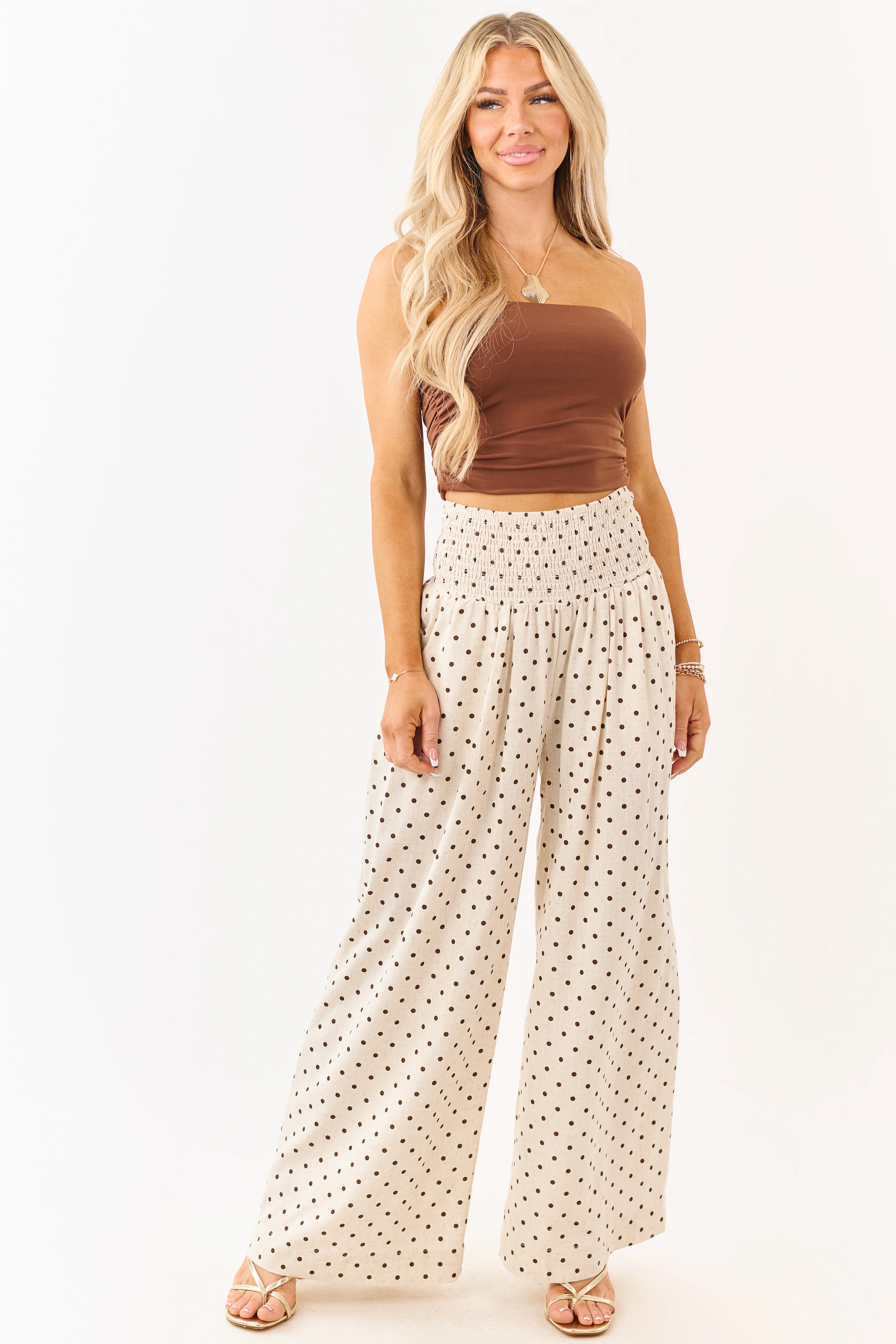 Almond and Cocoa Polka Dot Smocked Waist Pants - Image 6