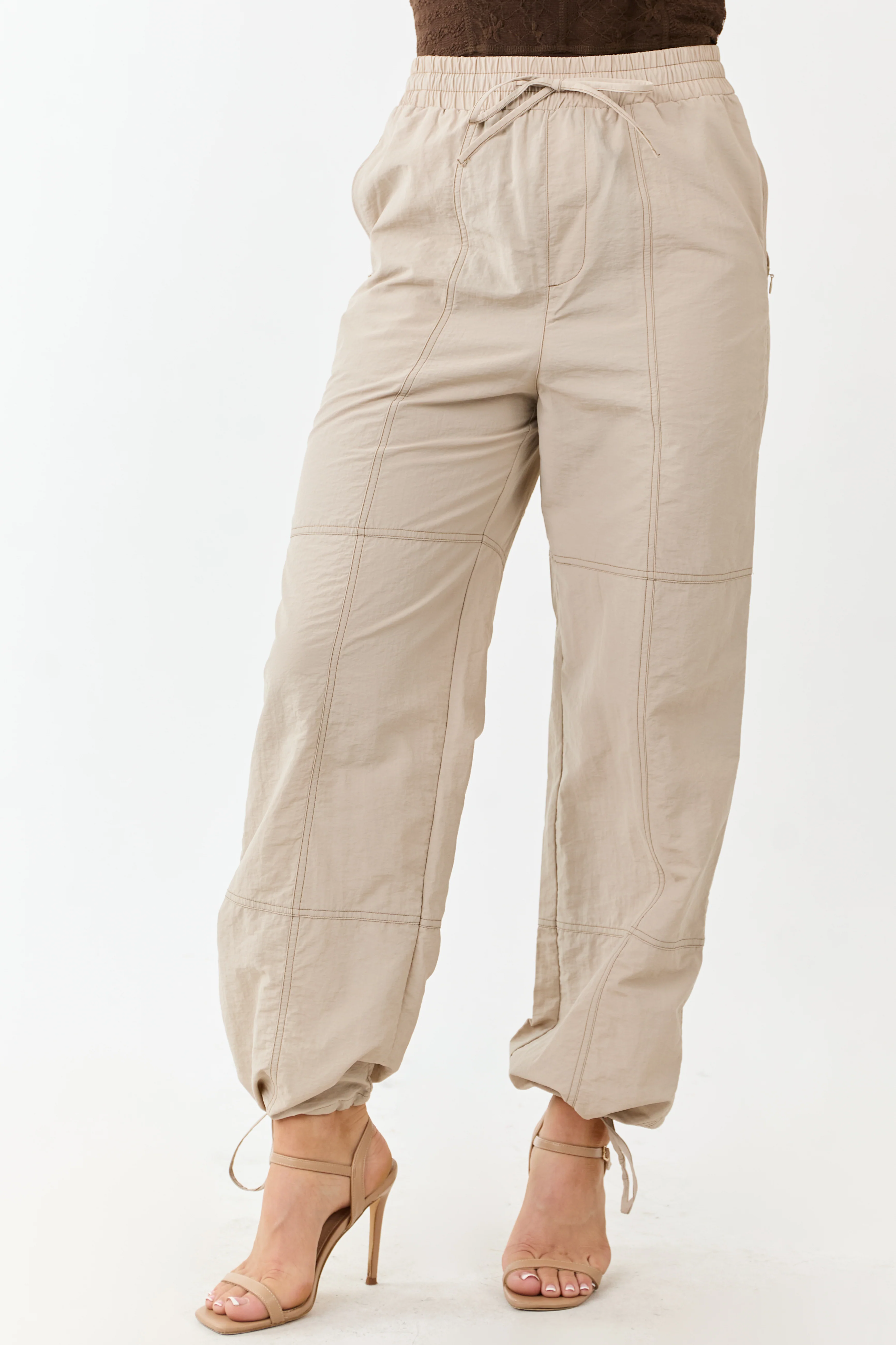 Almond Contrast Stitch Wide Leg Drawstring Pants - Image 2
