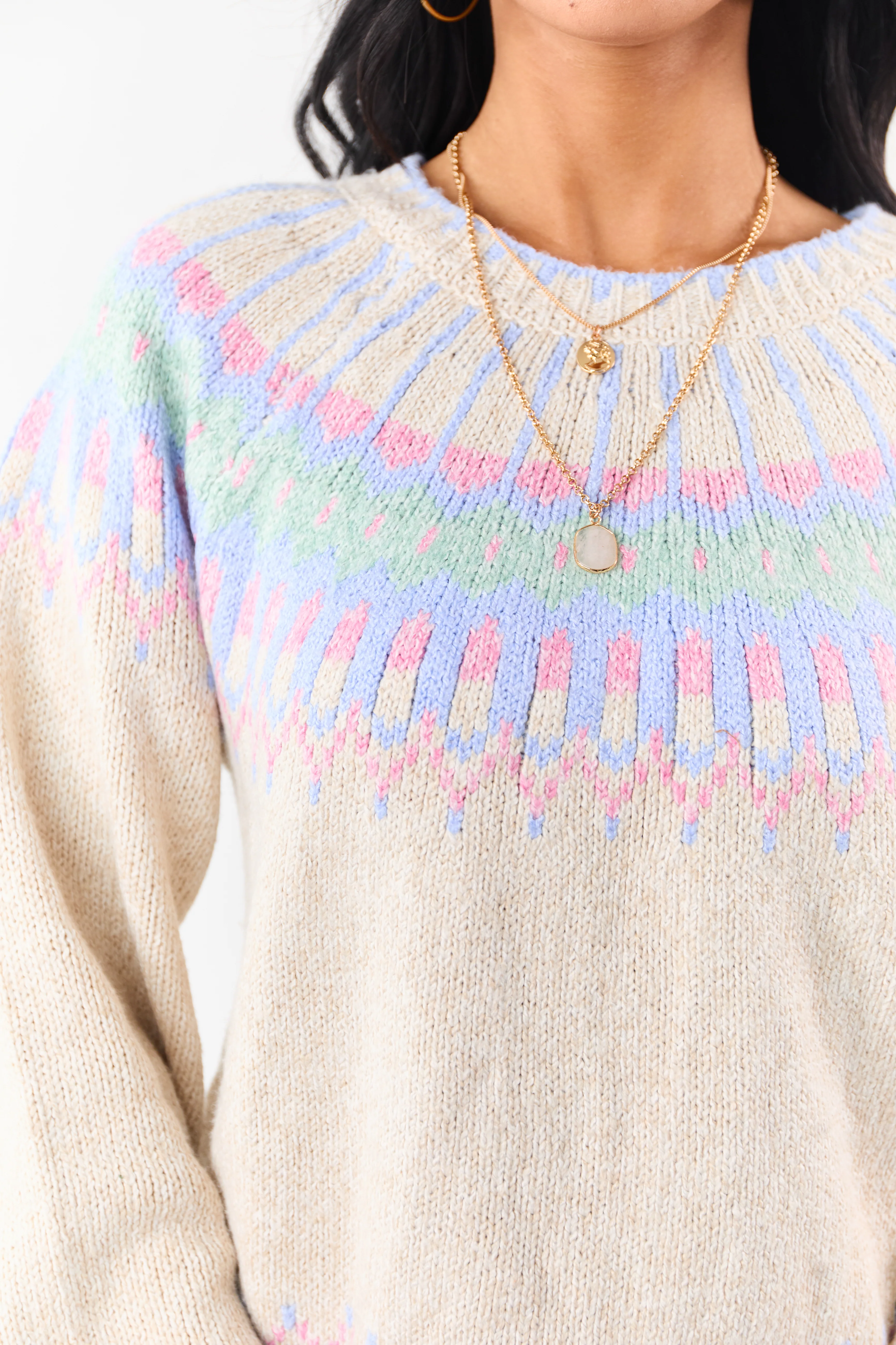 Almond Fair Isle Ribbed Trim Long Sleeve Sweater - Image 2