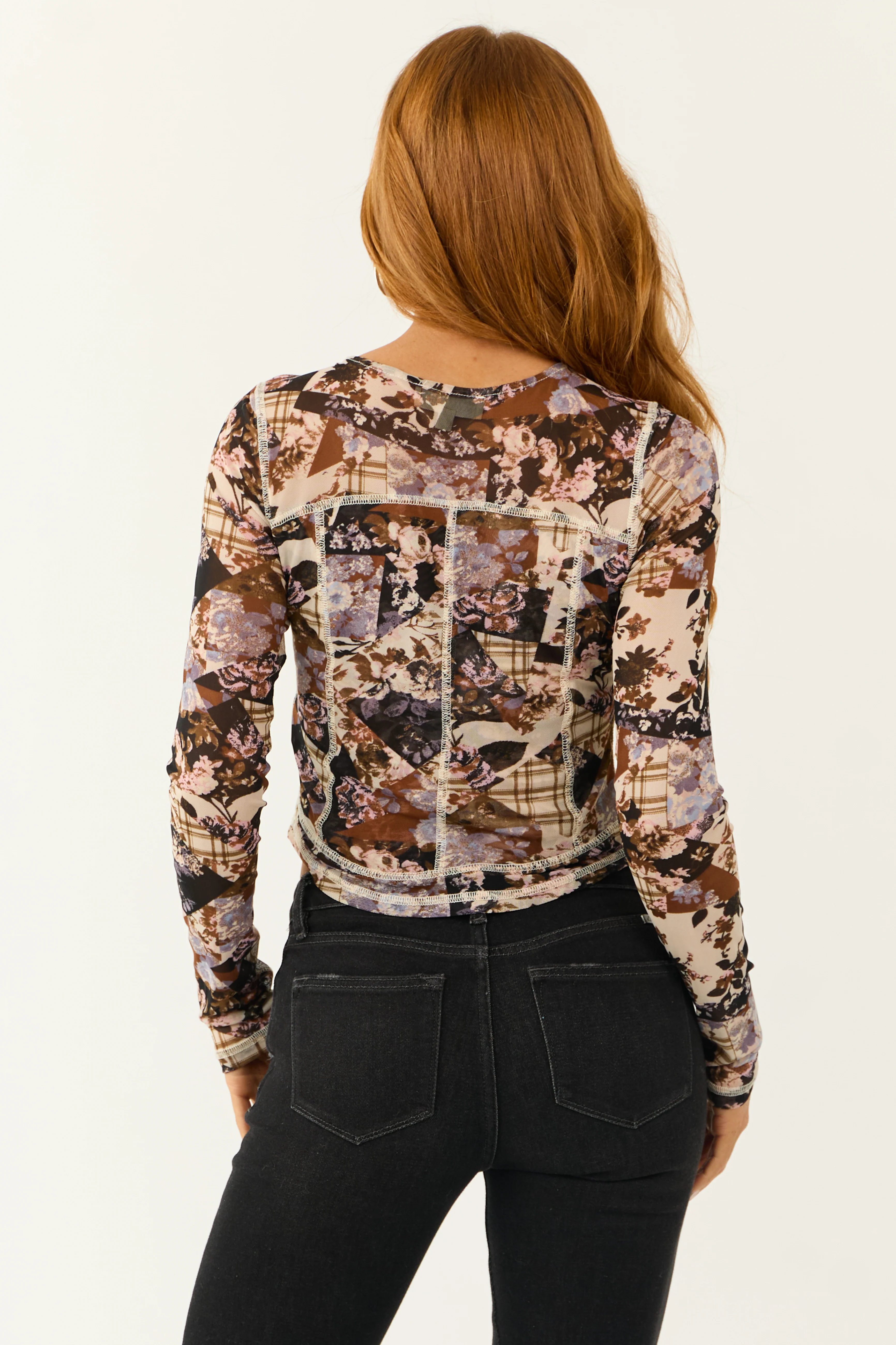 Almond Floral Mesh Fitted Long Sleeve Top - Image 5