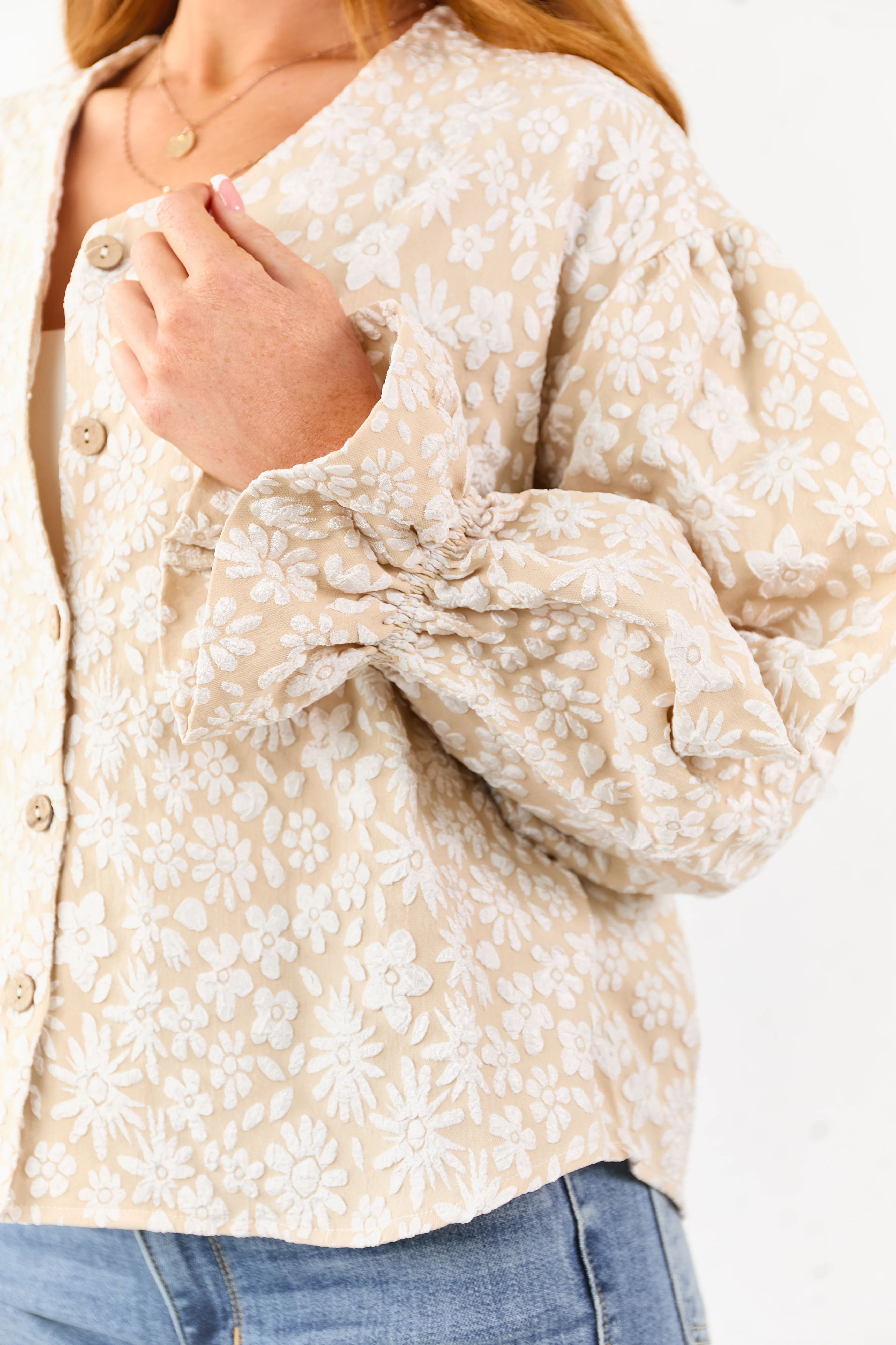 Almond and Ivory Floral Print Button Down Cardigan - Image 6