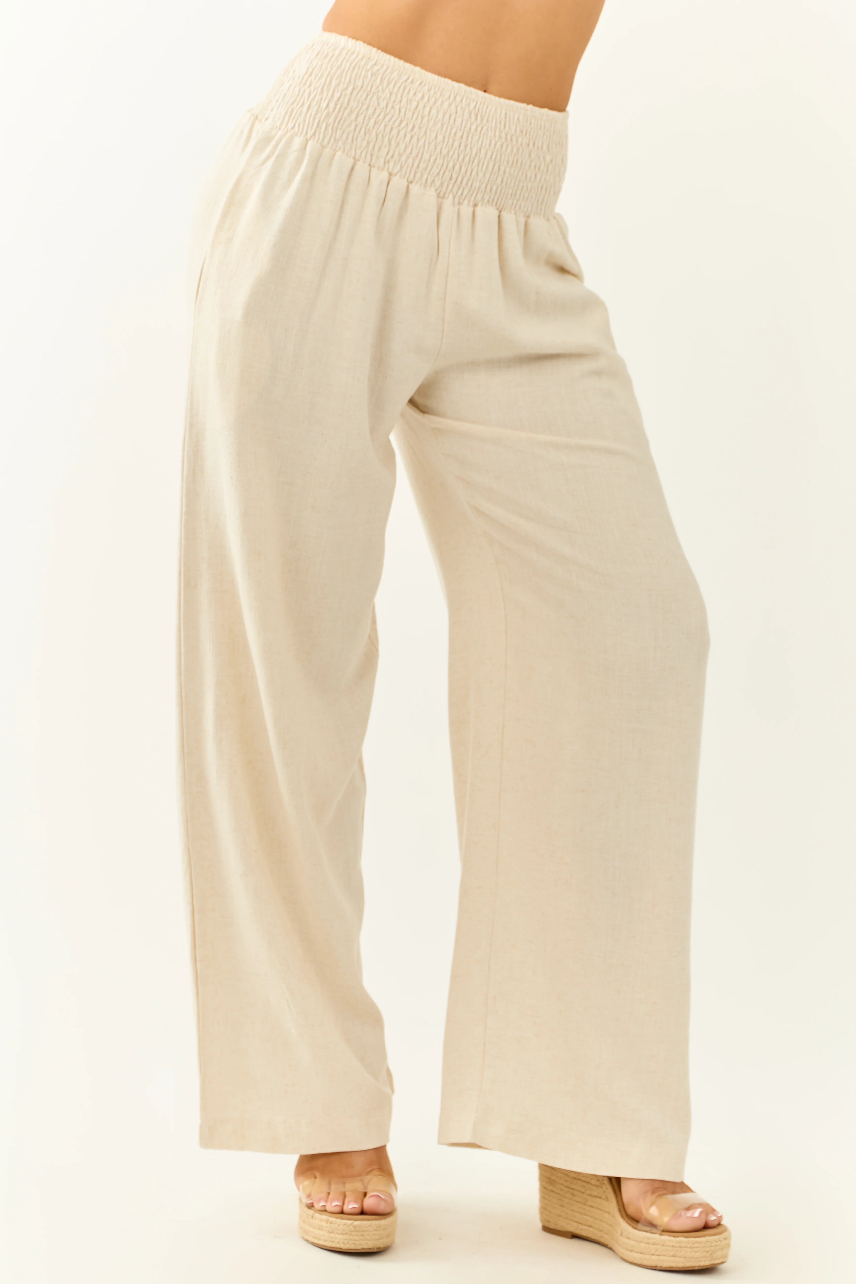 Almond Linen Blend Waistband Wide Leg Pants - Image 2