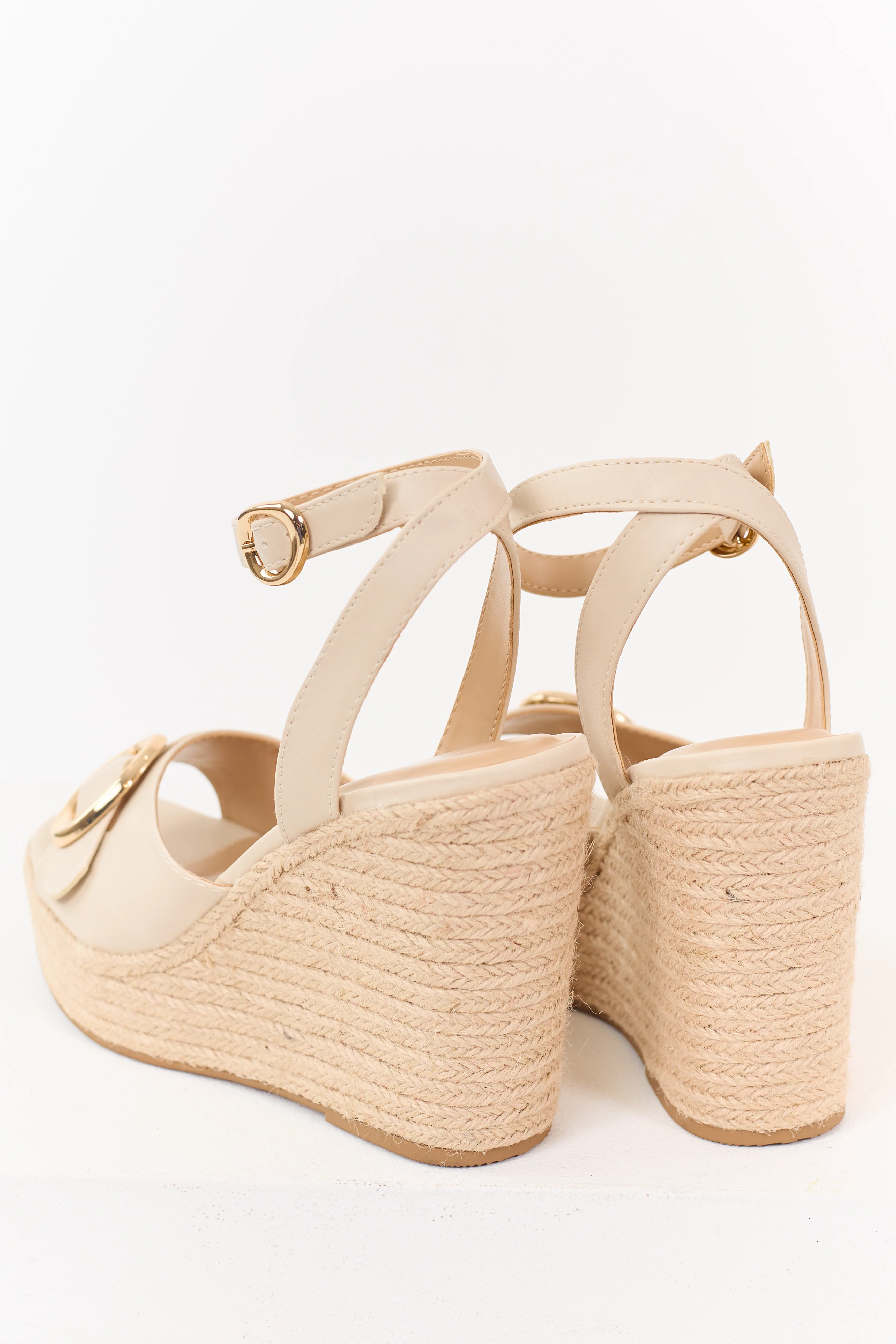 Almond Open Toed Buckle Strap Espadrille Wedges - Image 3