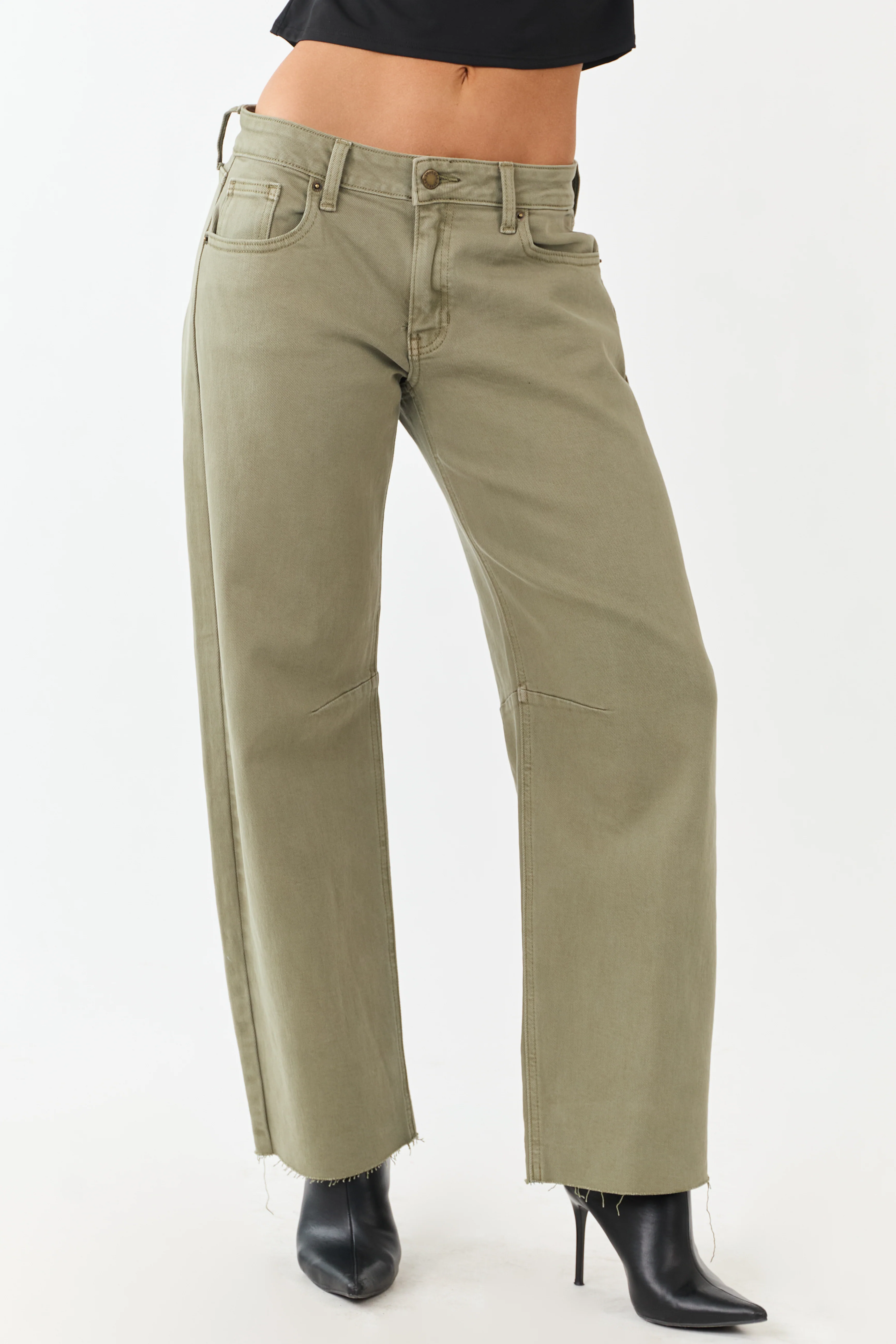 Antique Olive Mid Rise Raw Hem Barrel Jeans - Image 2