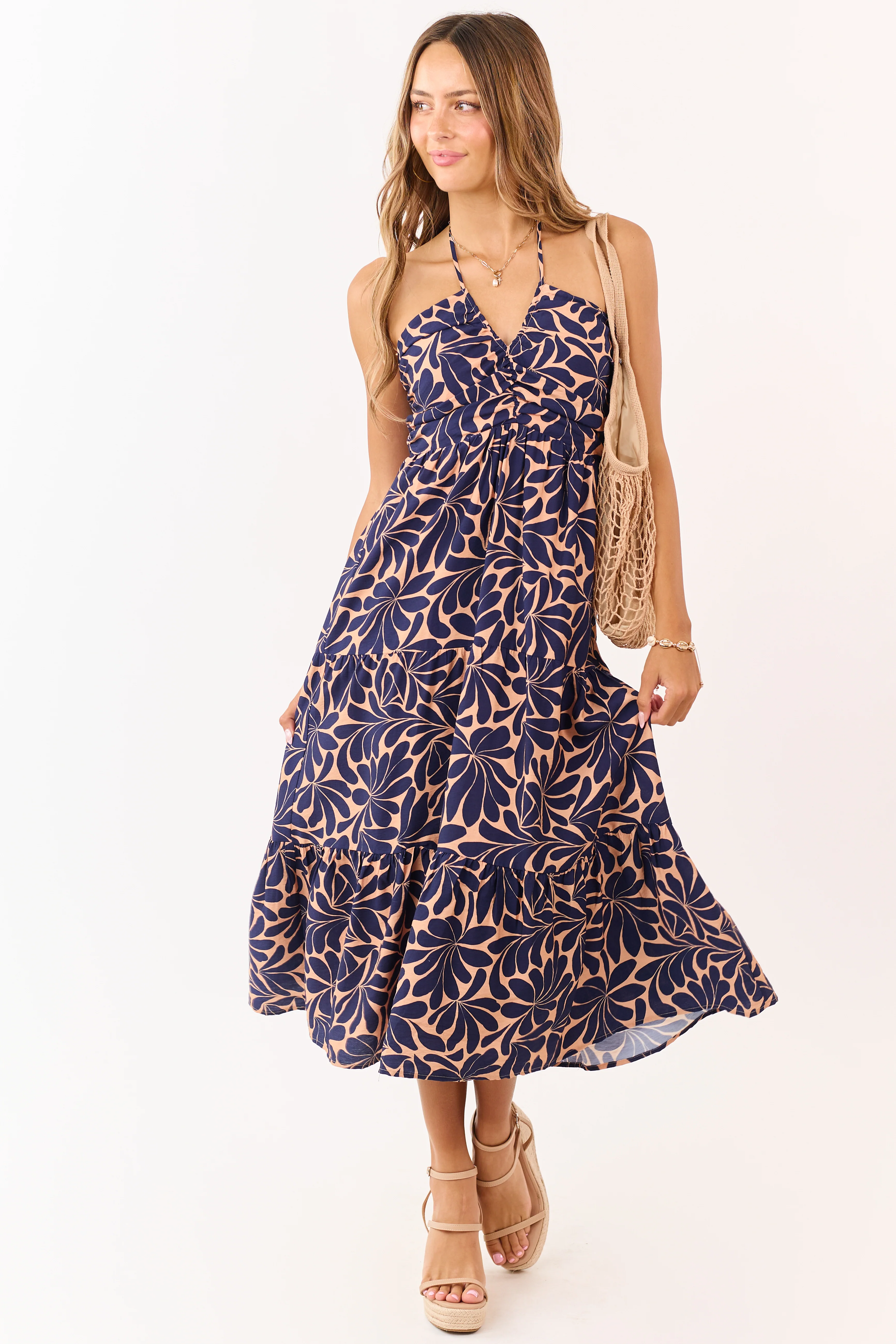 Apricot Botanical Abstract Print Halter Maxi Dress