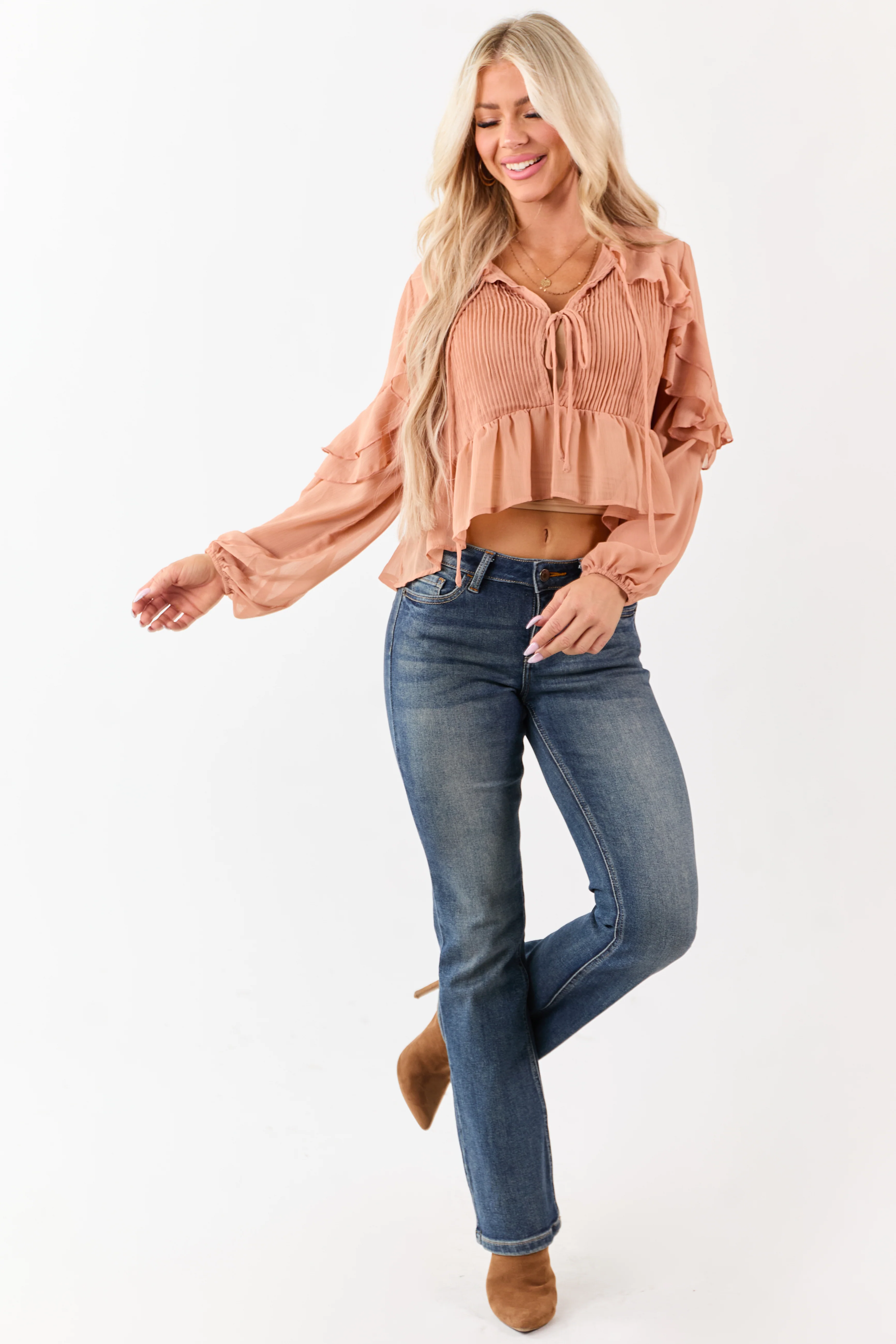 Apricot Pintuck Open Tie Front Peplum Blouse - Image 3