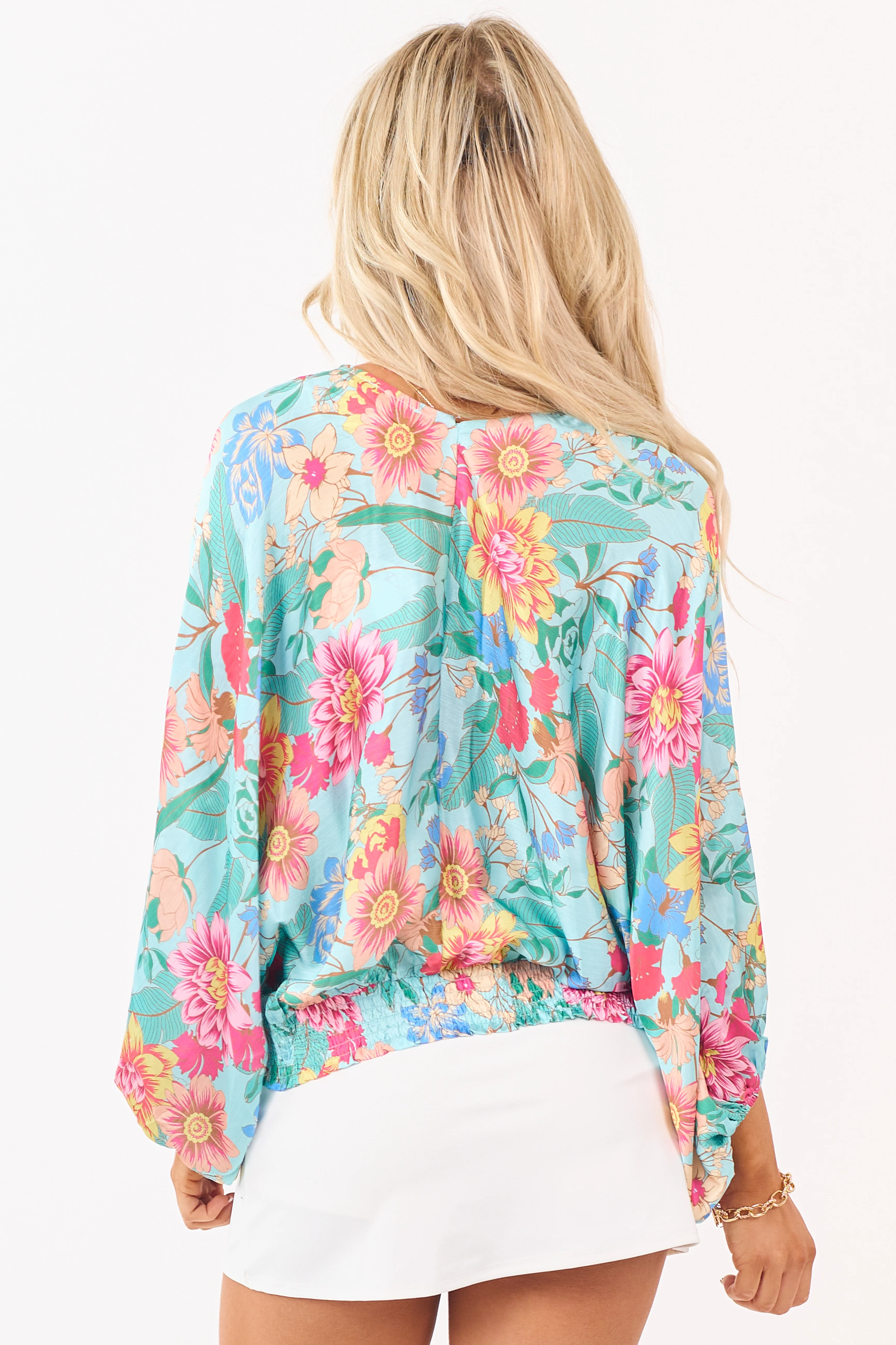 Aqua Satin Floral Print V-Neck Dolman Sleeve Top - Image 5