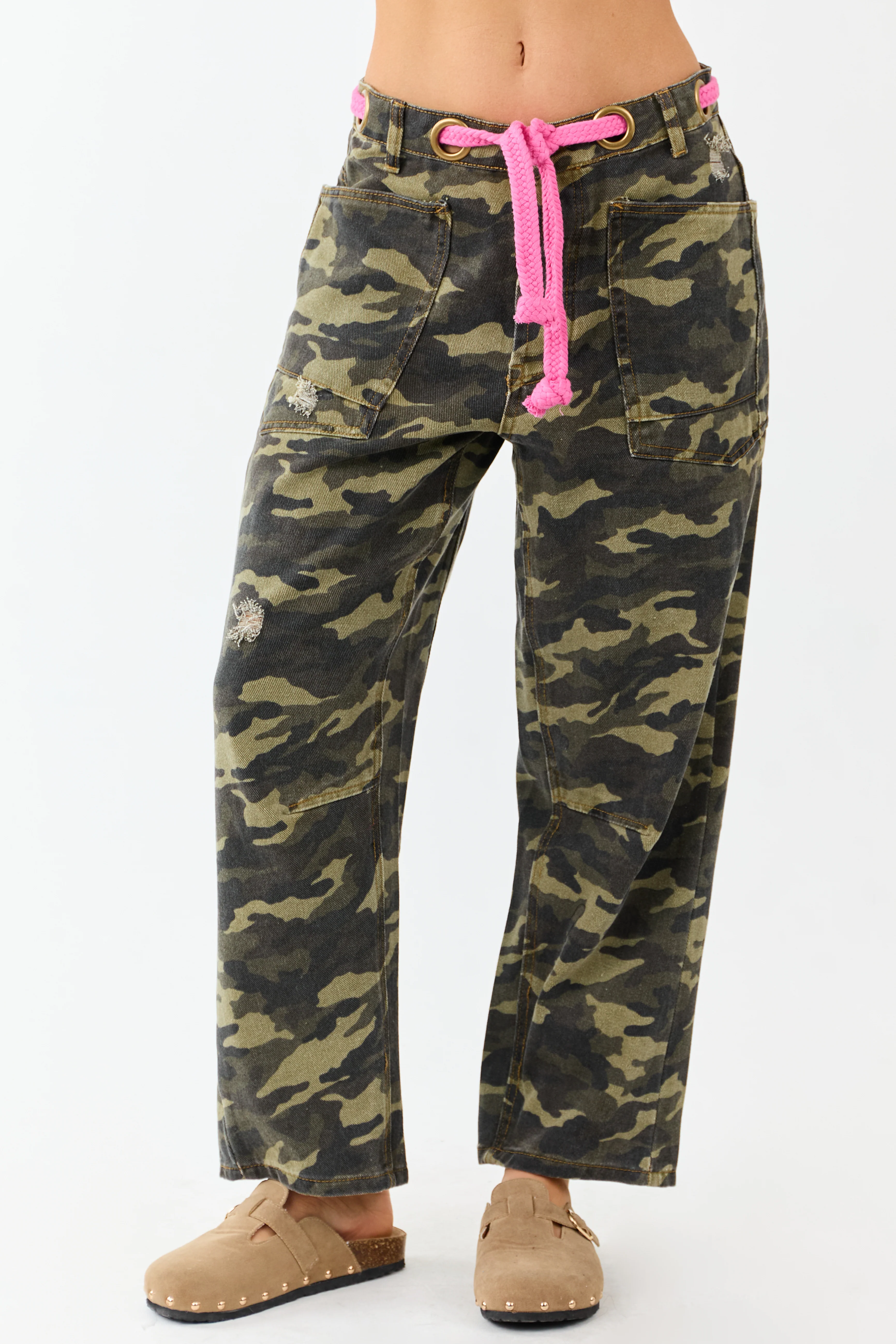 Army Green Camo Drawstring Waist Wide Leg Denim Pants - Image 2