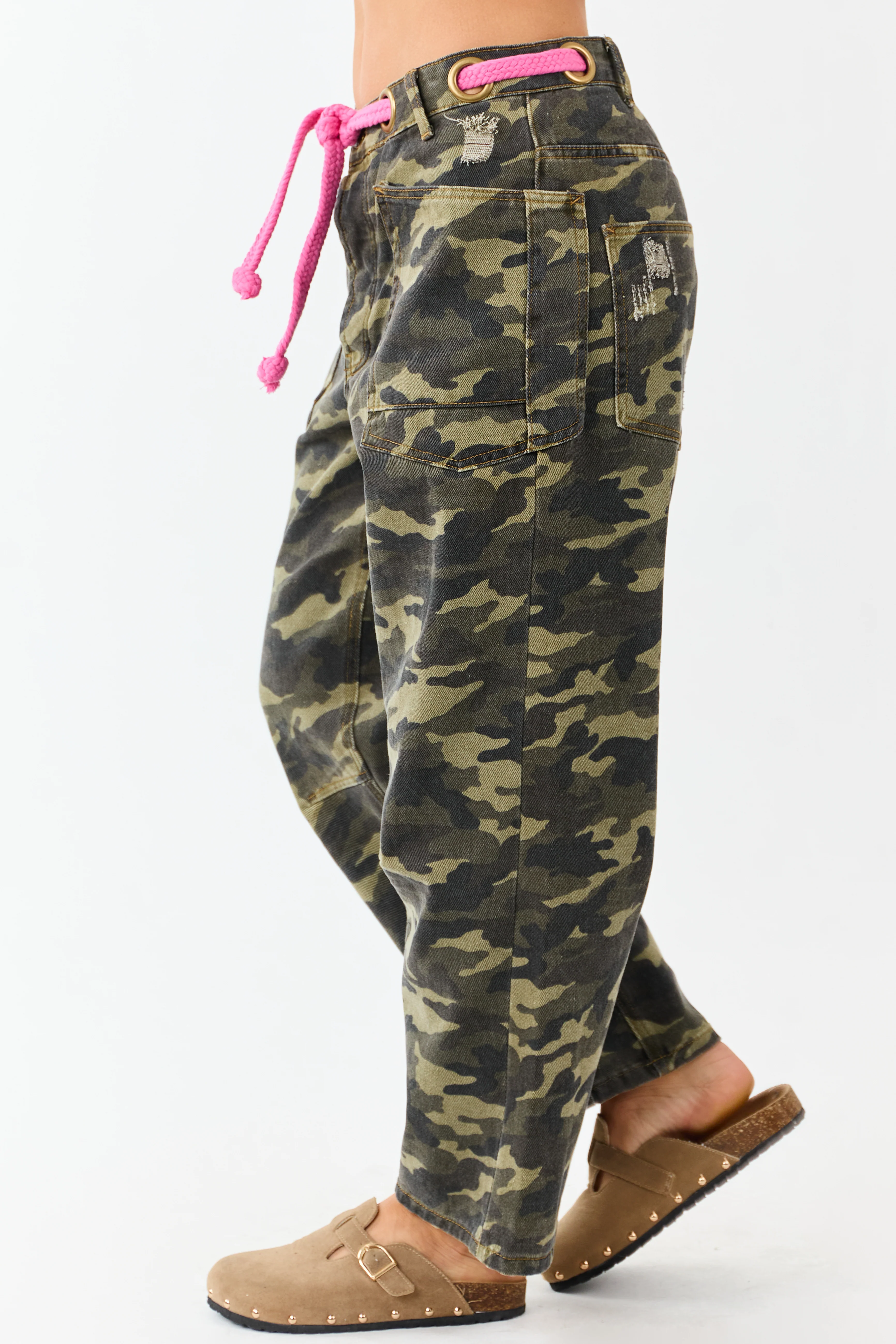 Army Green Camo Drawstring Waist Wide Leg Denim Pants - Image 3