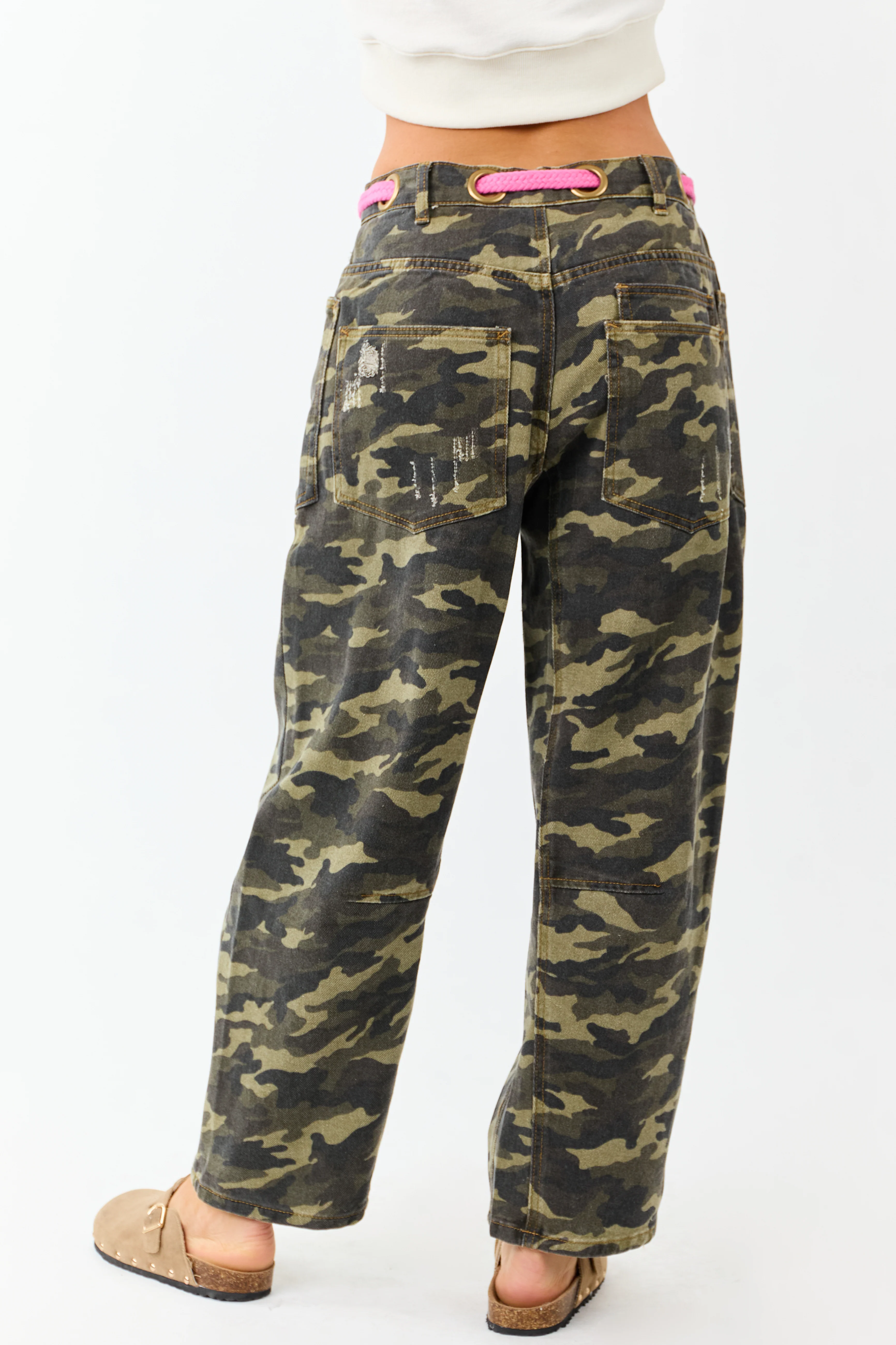 Army Green Camo Drawstring Waist Wide Leg Denim Pants - Image 4