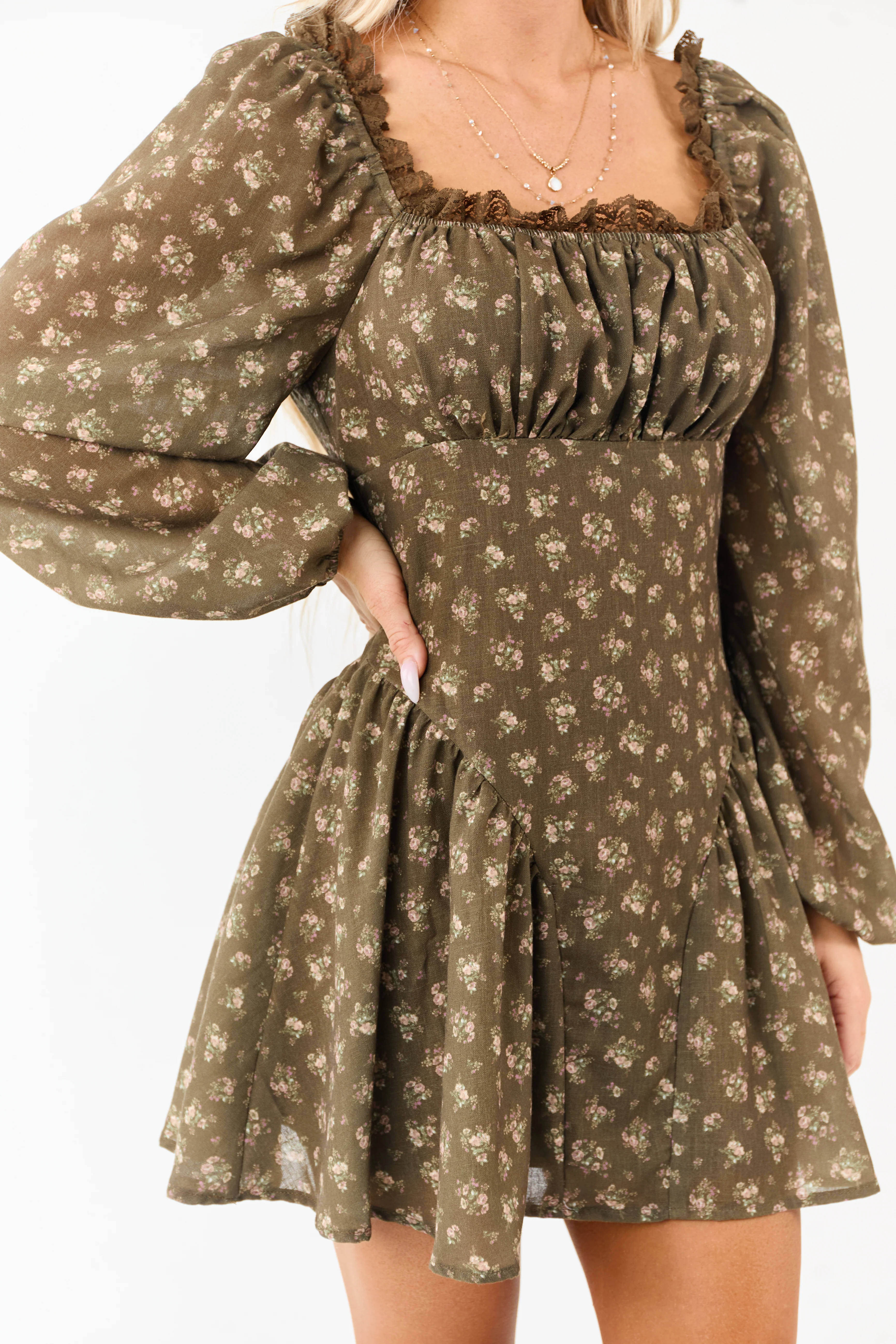 Army Green Floral Lace Trim Square Neck Mini Dress - Image 3