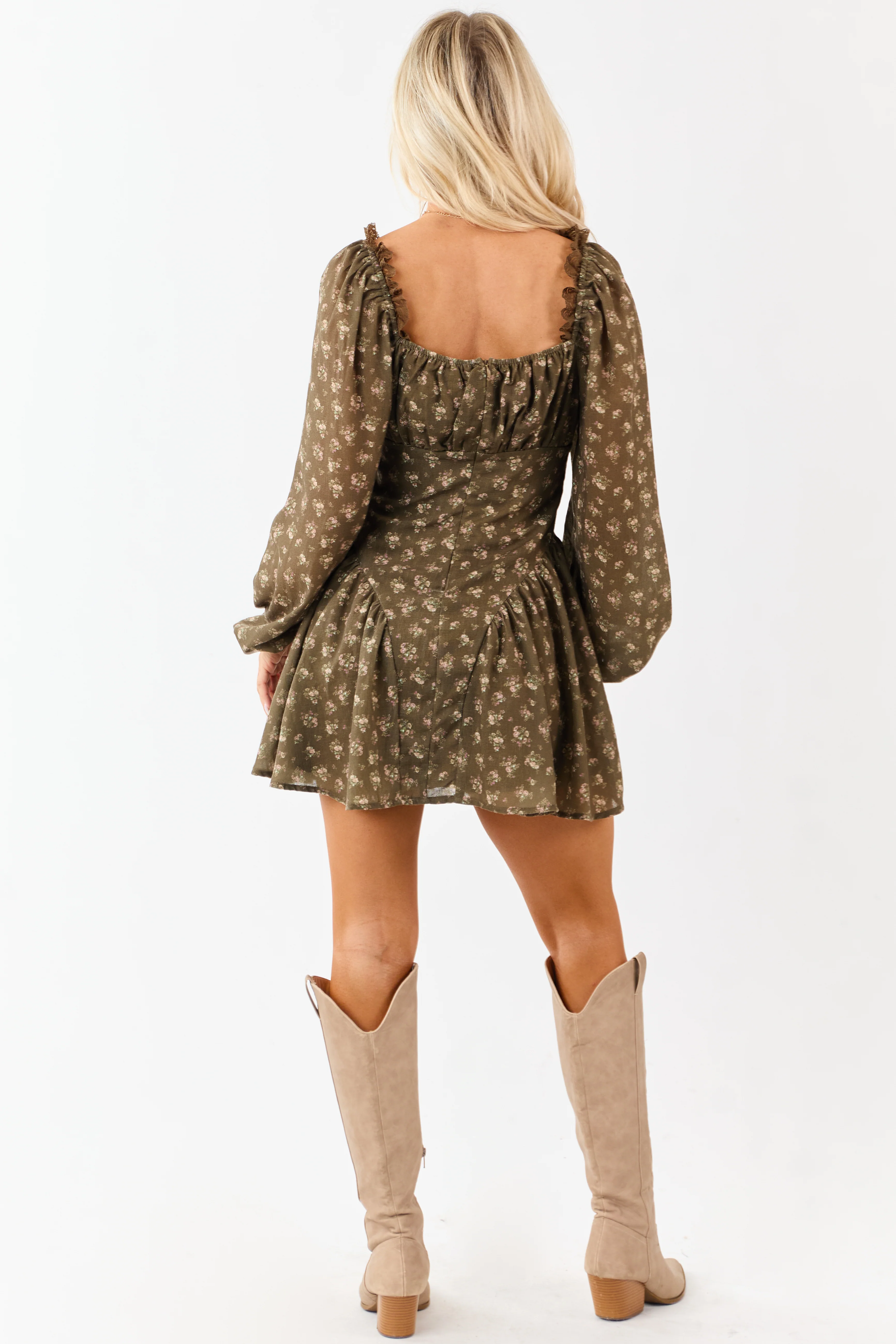 Army Green Floral Lace Trim Square Neck Mini Dress - Image 7