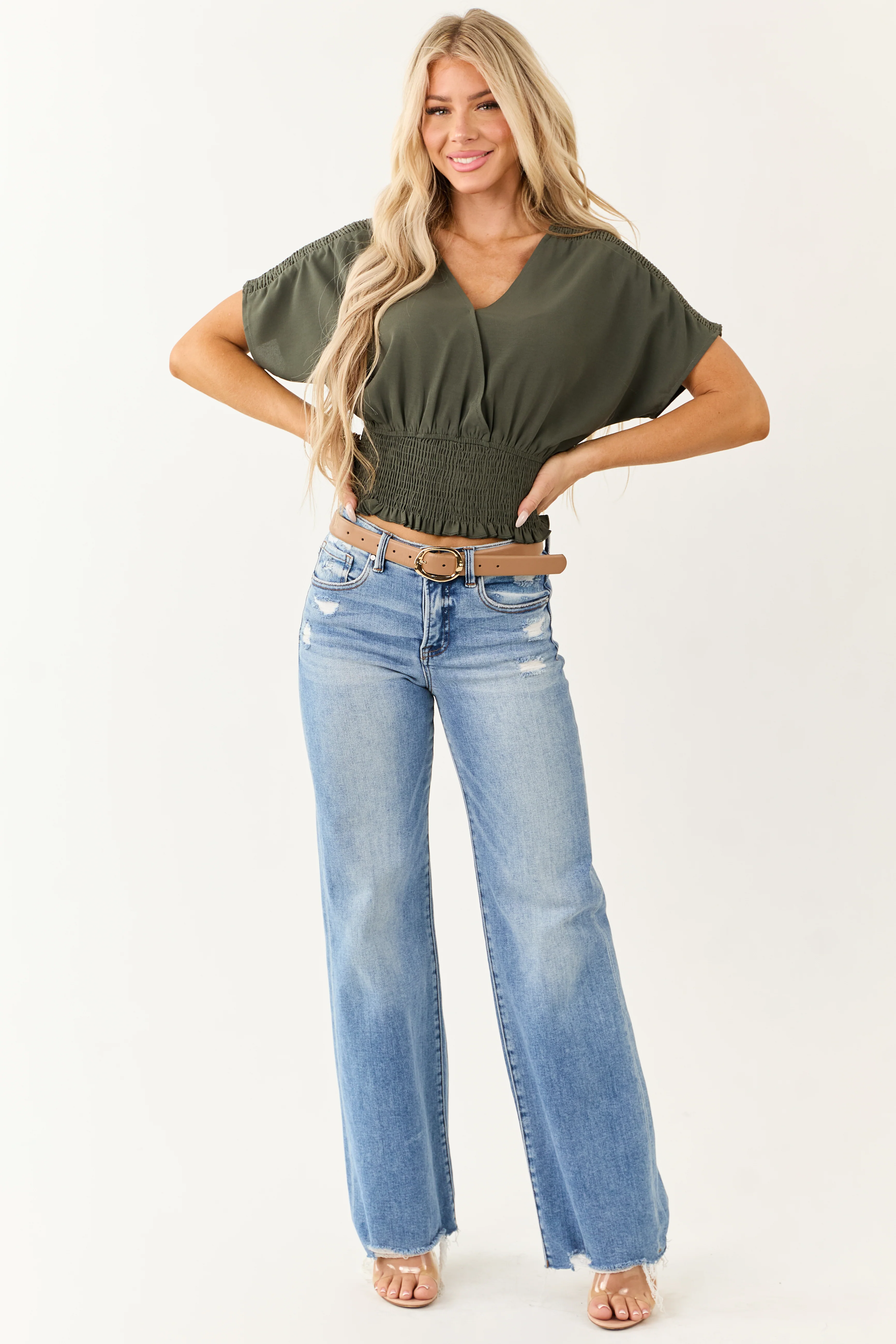 Army Green V Neck Smocked Surplice Top - Image 3
