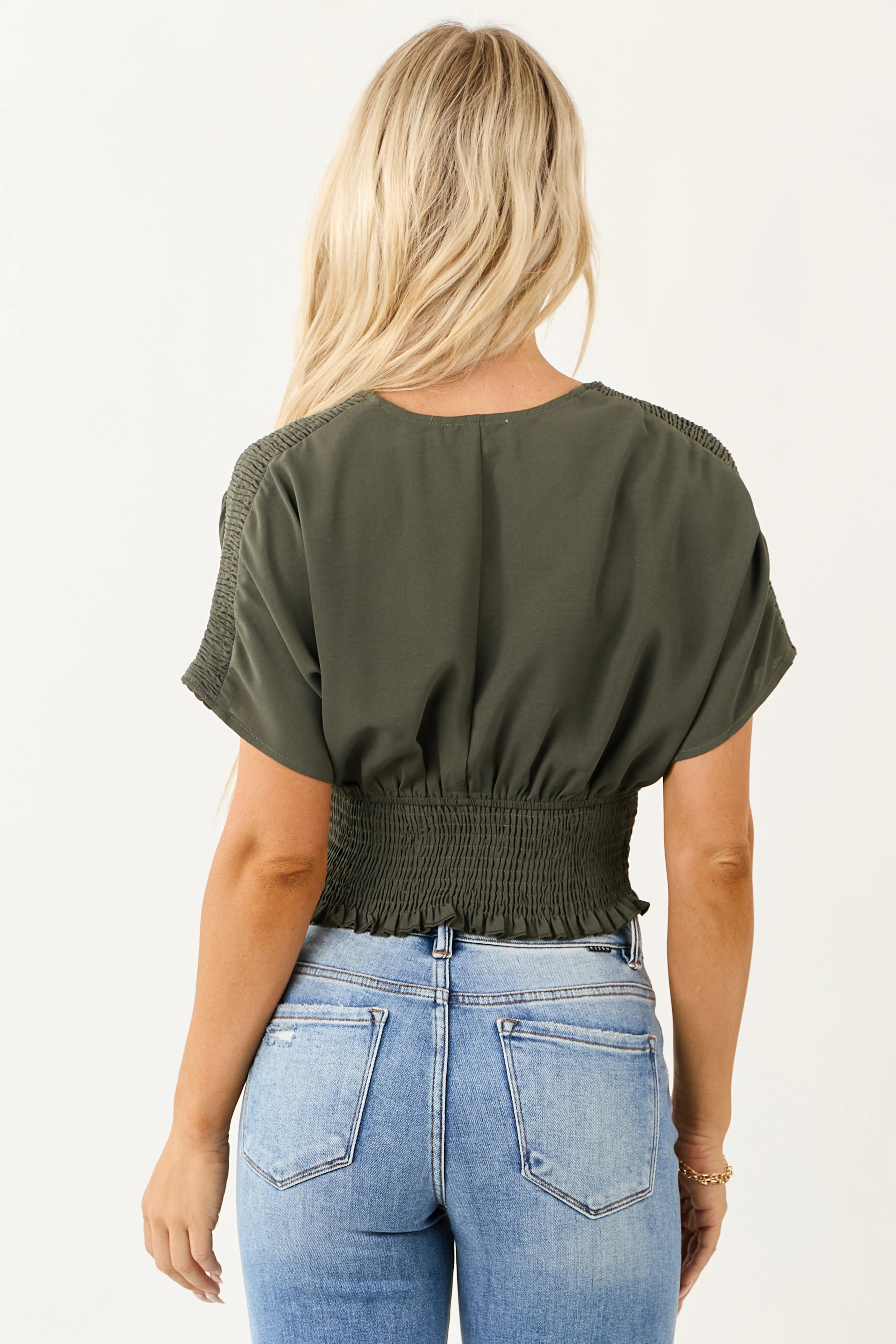 Army Green V Neck Smocked Surplice Top - Image 5