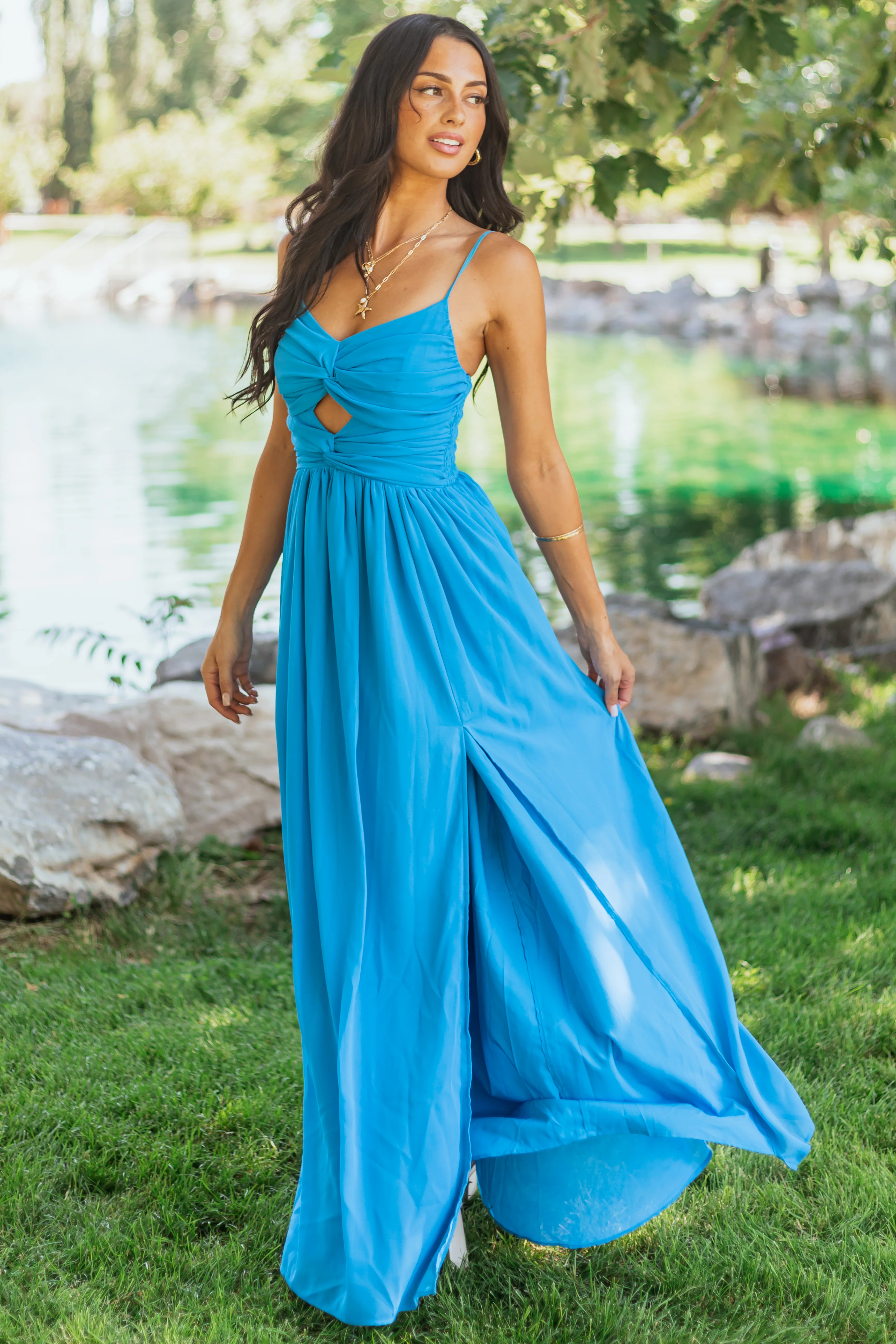 Azure Flowy Chiffon Front Twist Maxi Dress - Image 2