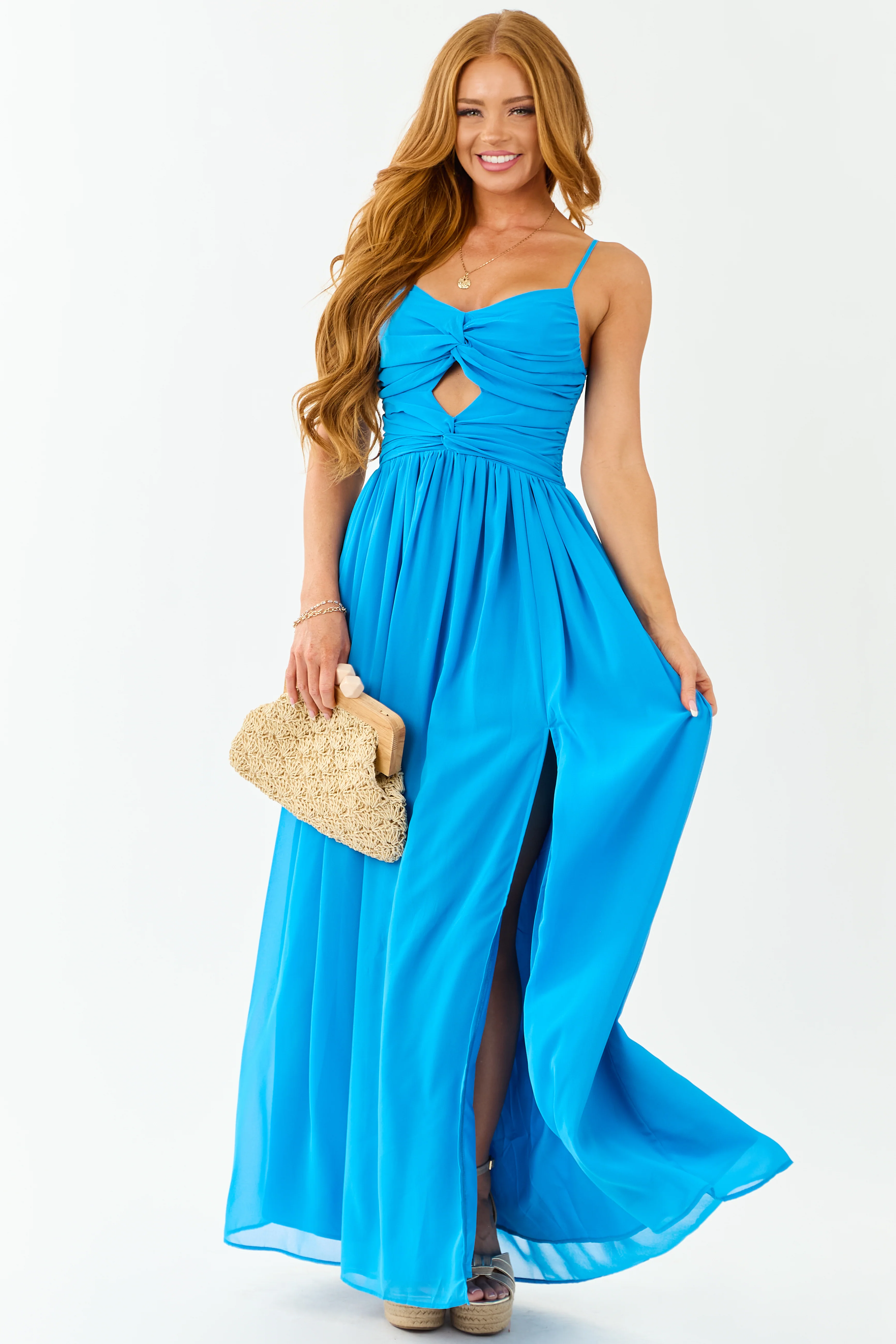 Azure Flowy Chiffon Front Twist Maxi Dress - Image 3