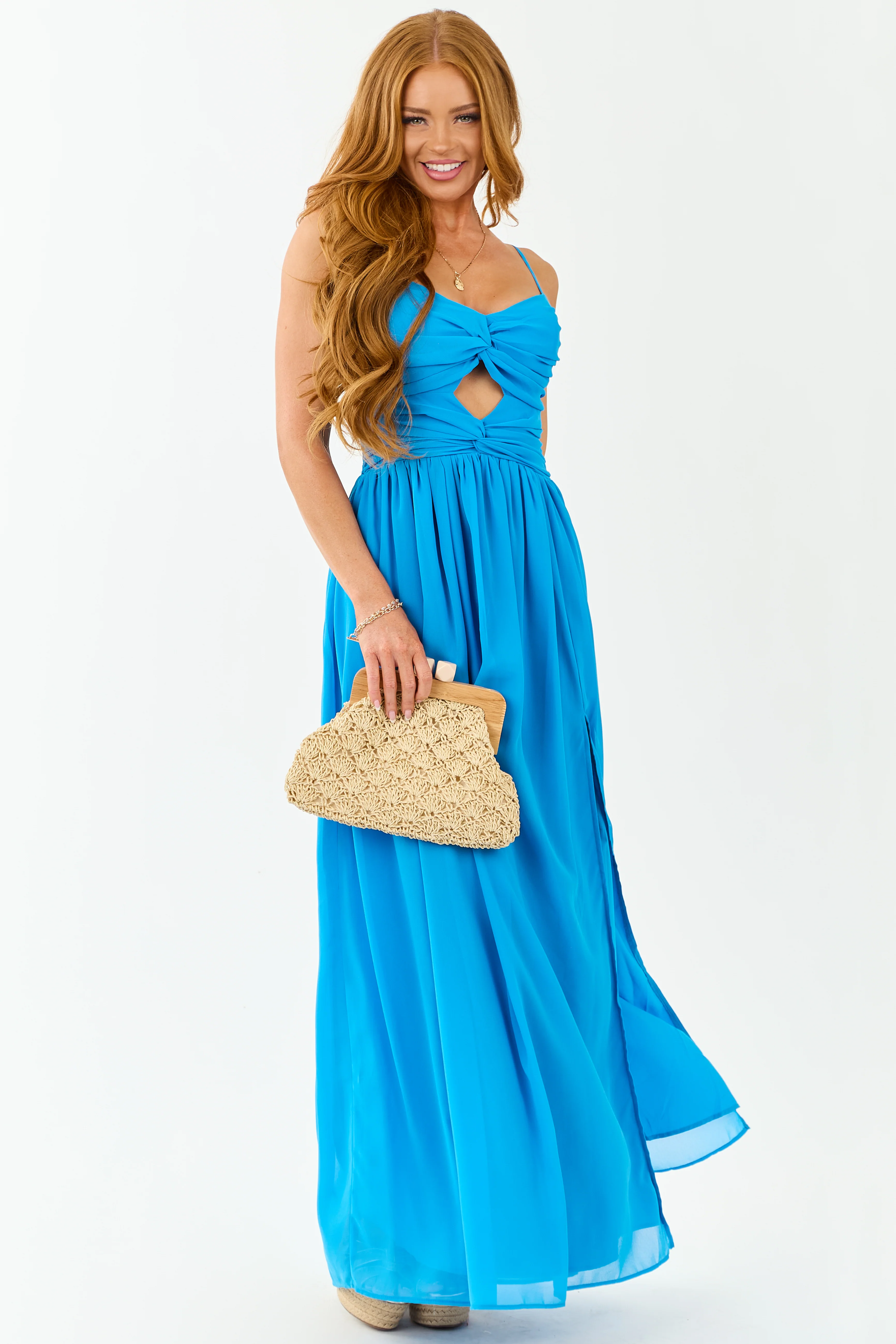 Azure Flowy Chiffon Front Twist Maxi Dress - Image 4