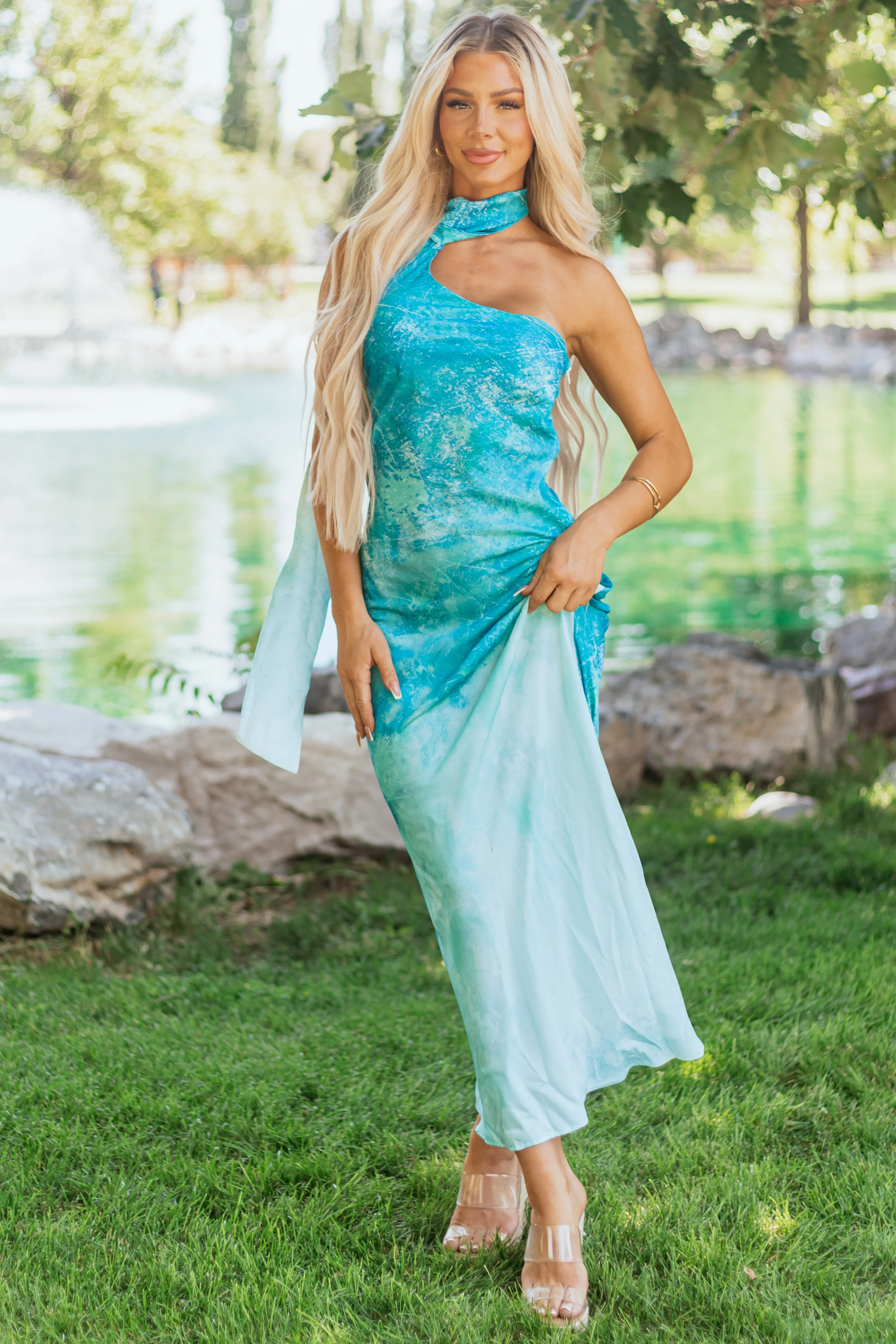 Azure Ombre One Shoulder Sash Maxi Dress - Image 2