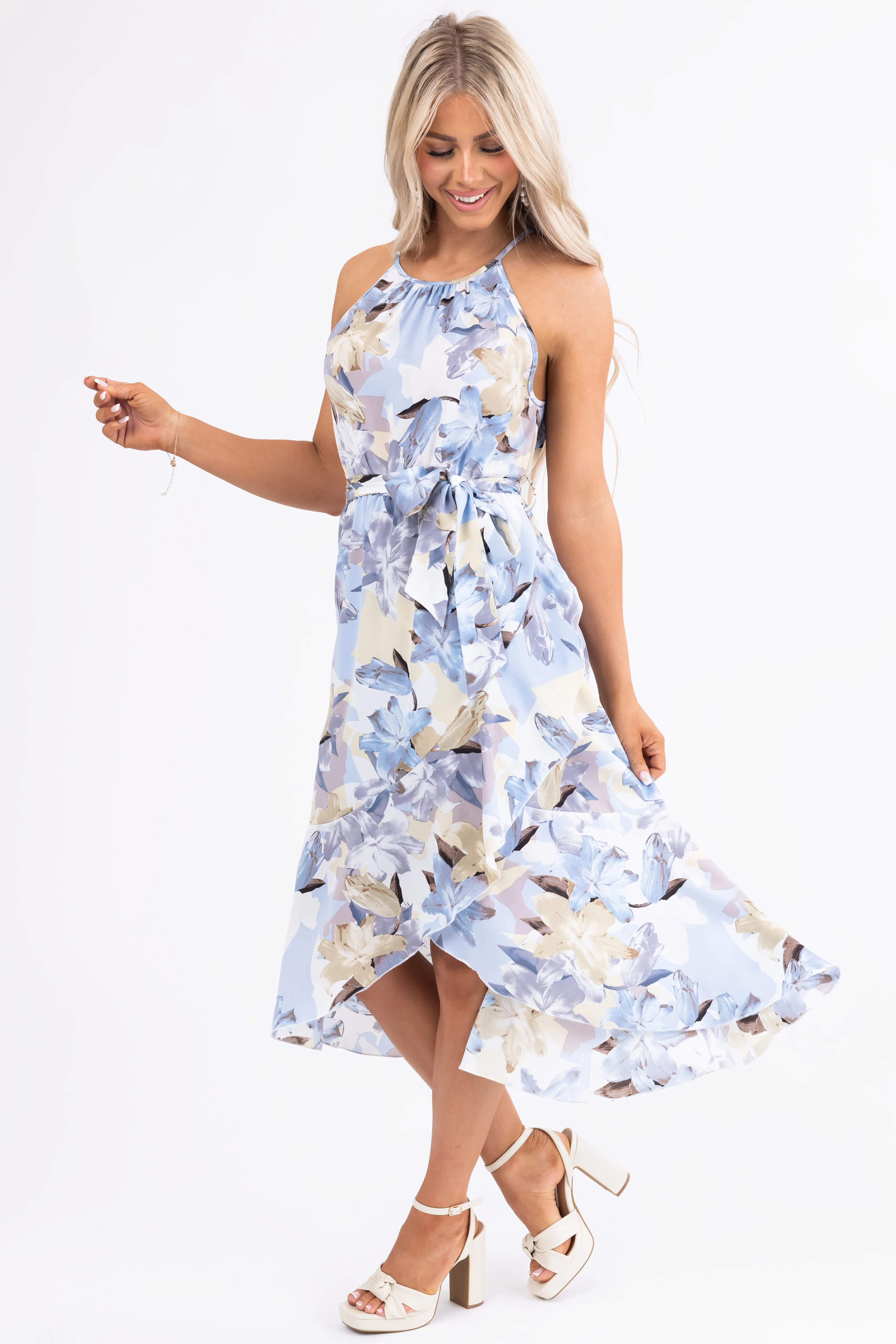 Baby Blue Floral Print Halter Midi Dress - Image 6