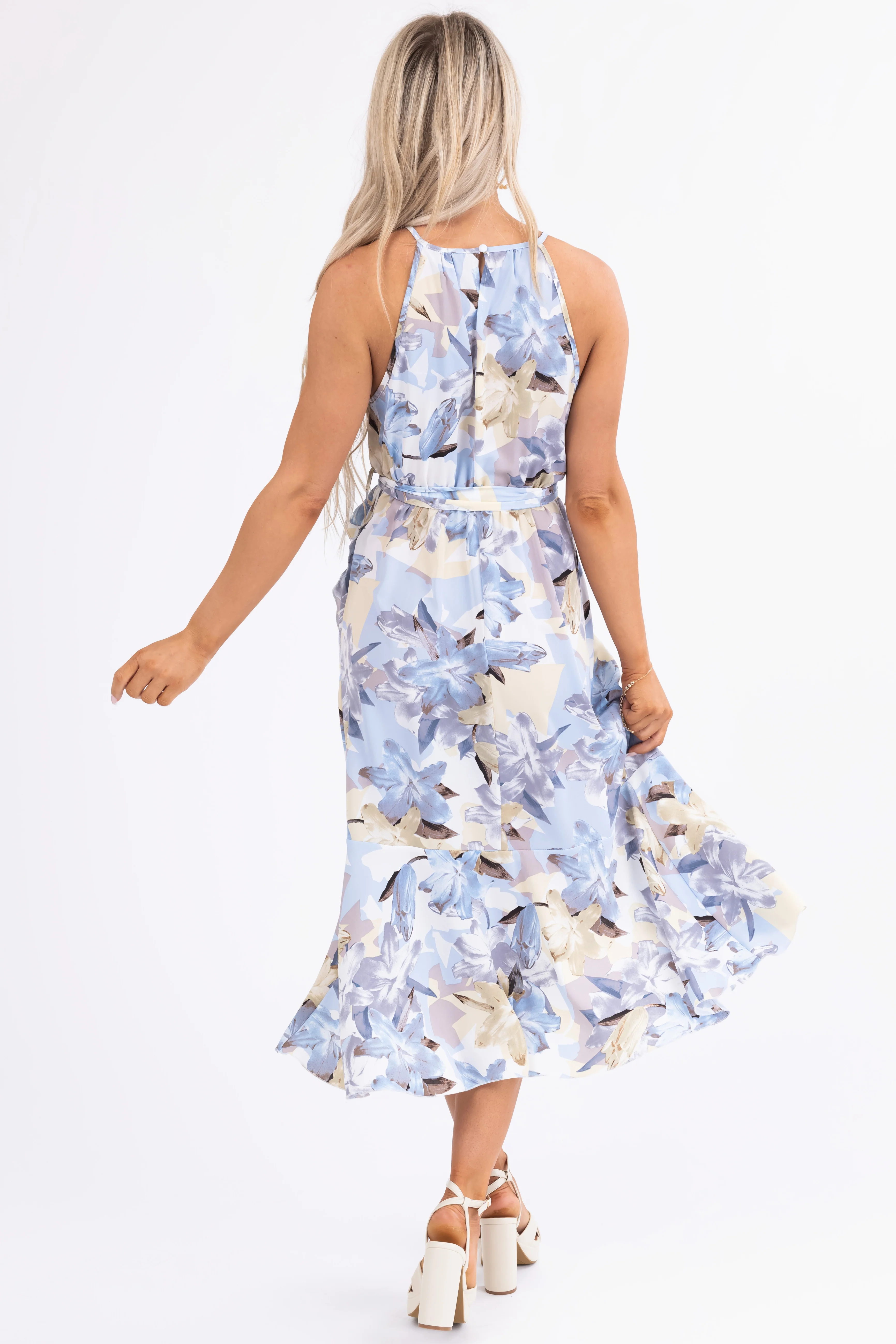Baby Blue Floral Print Halter Midi Dress - Image 7