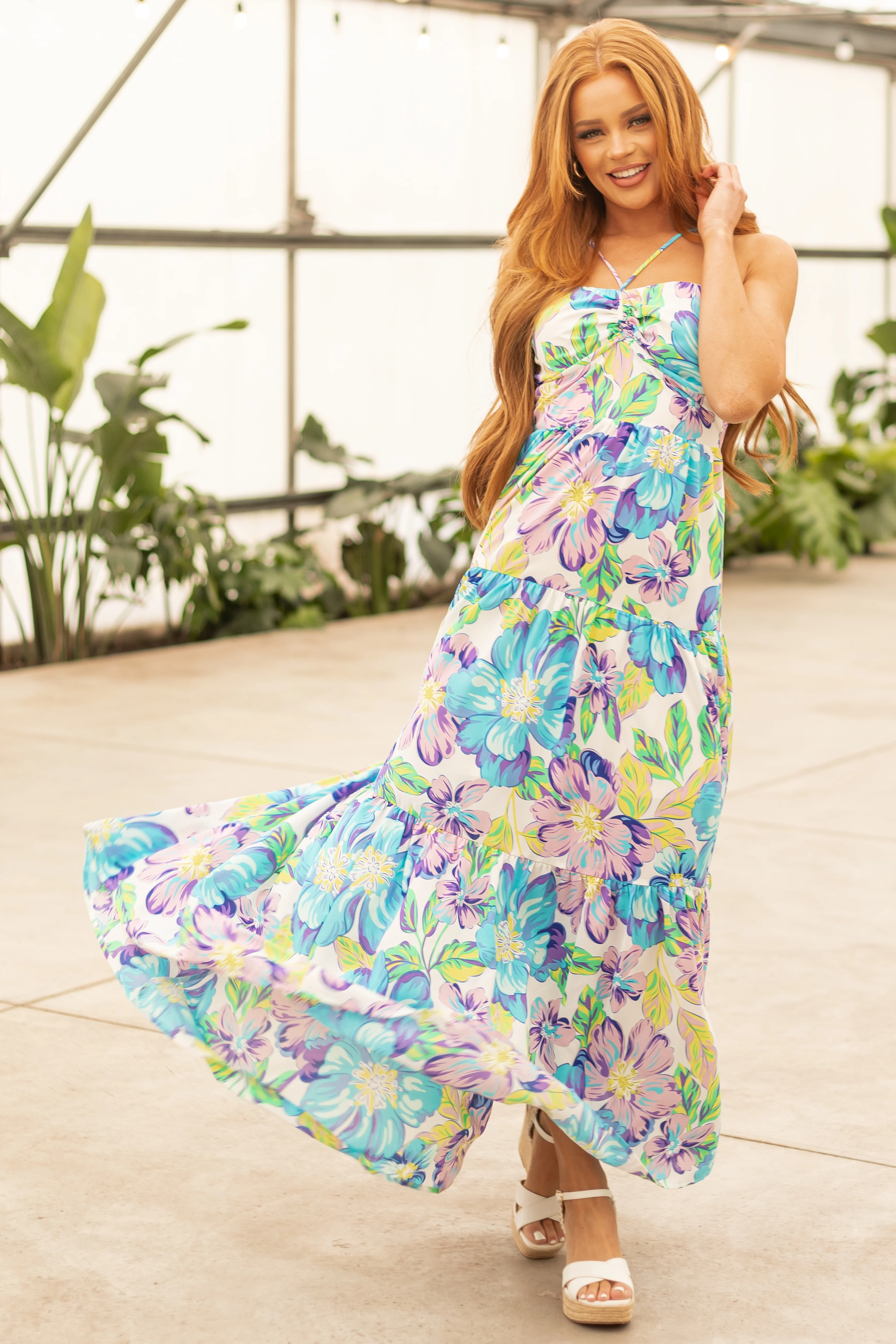 Baby Blue Floral Print Halter Neck Maxi Dress - Image 2