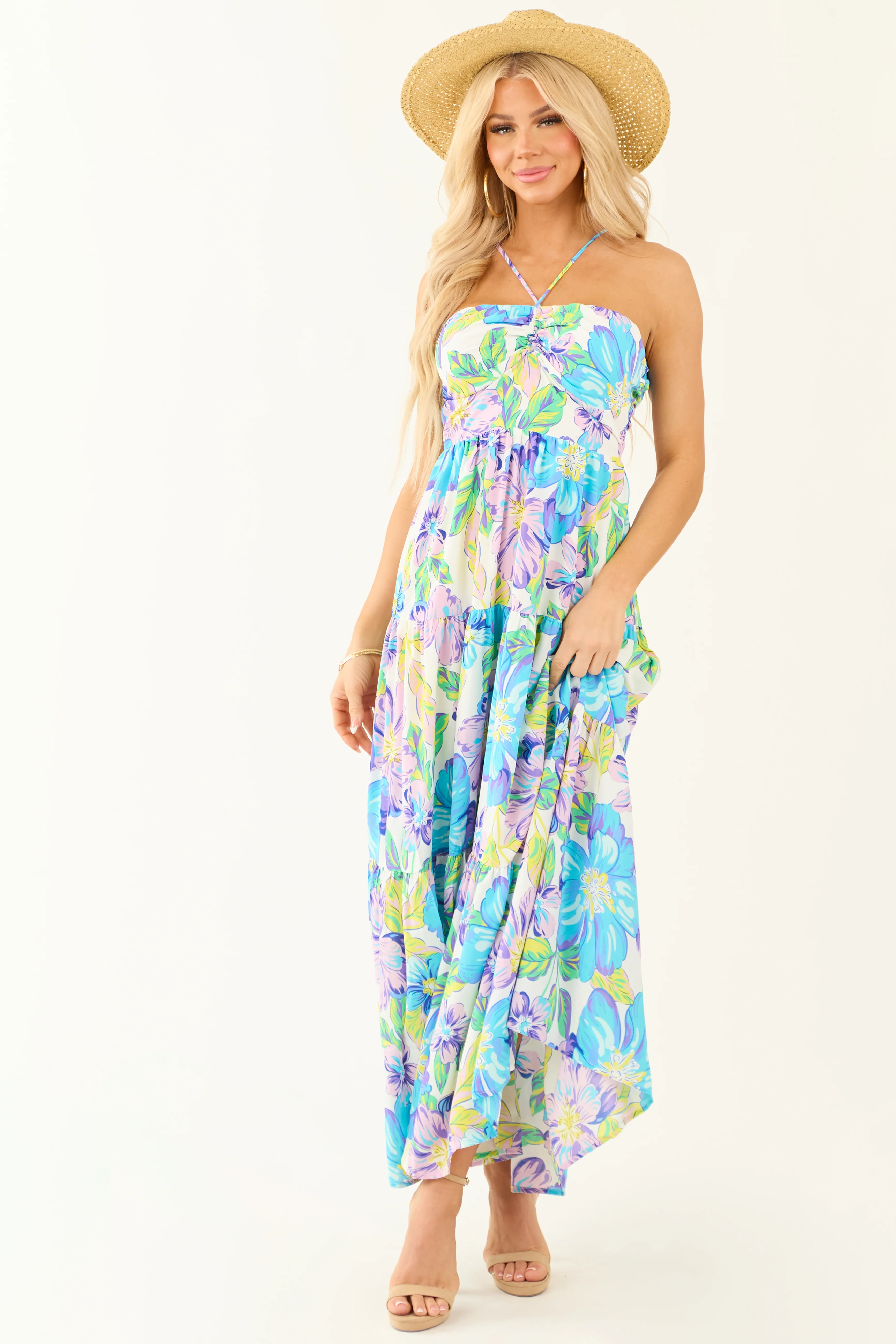Baby Blue Floral Print Halter Neck Maxi Dress - Image 3