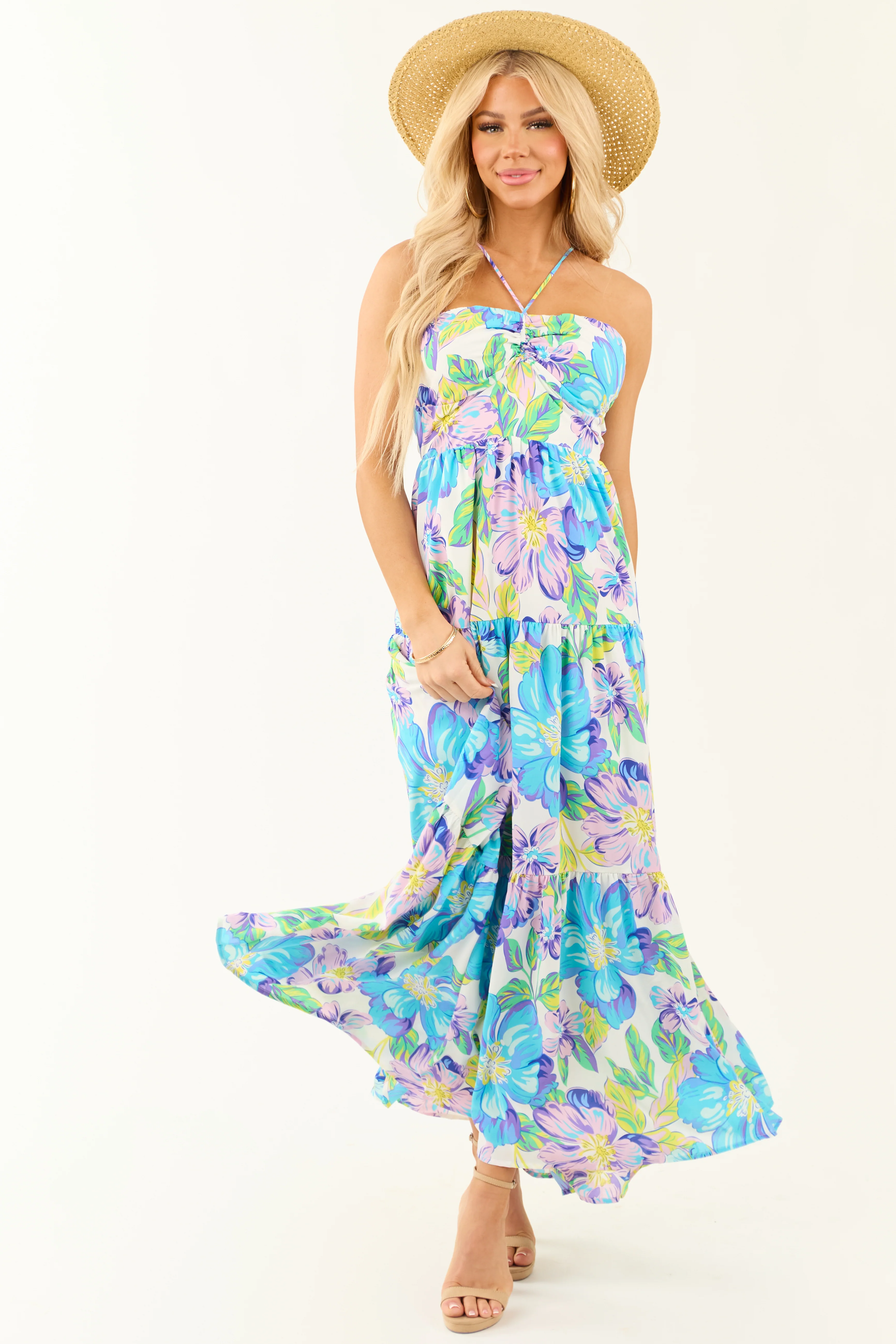 Baby Blue Floral Print Halter Neck Maxi Dress - Image 4