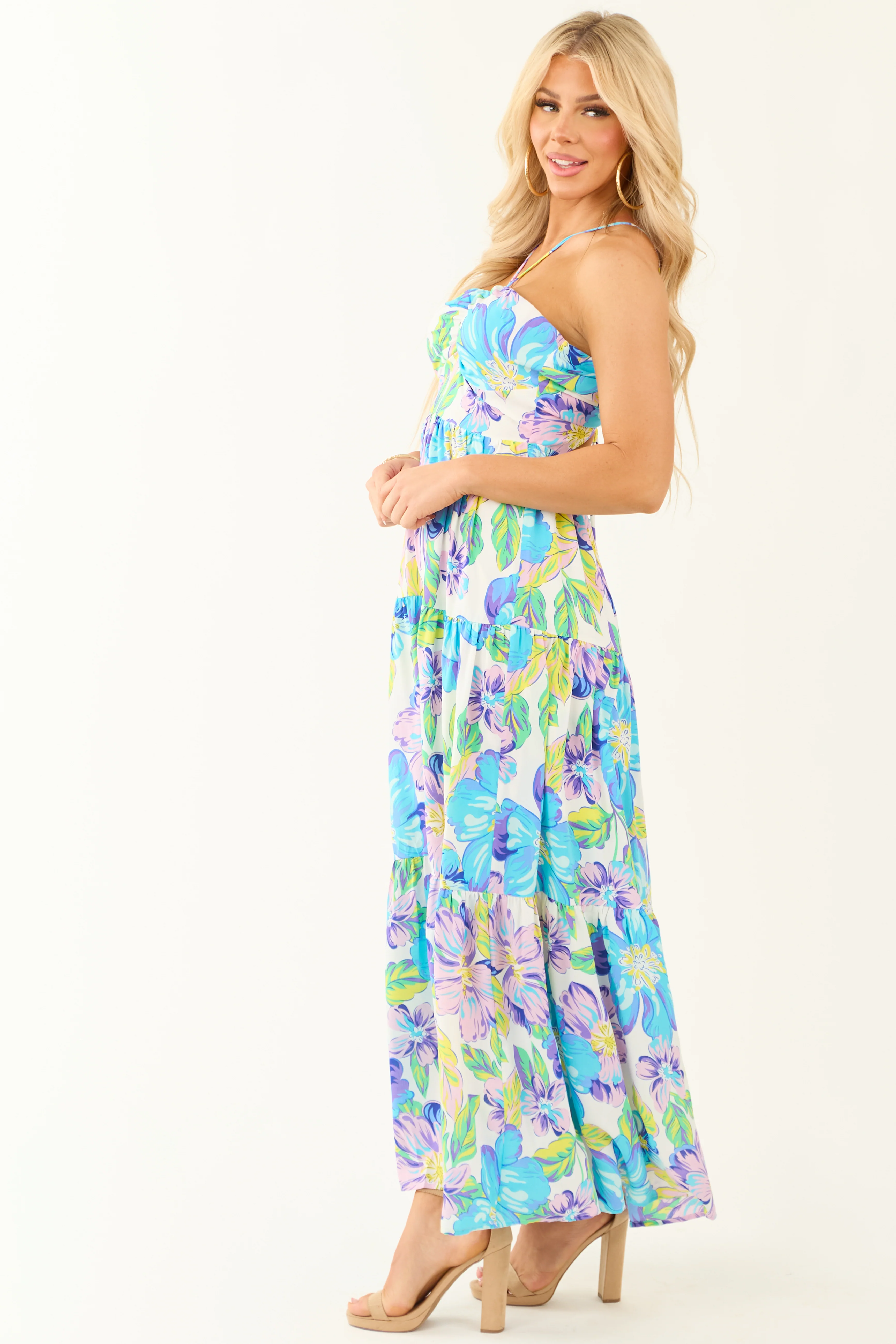 Baby Blue Floral Print Halter Neck Maxi Dress - Image 5