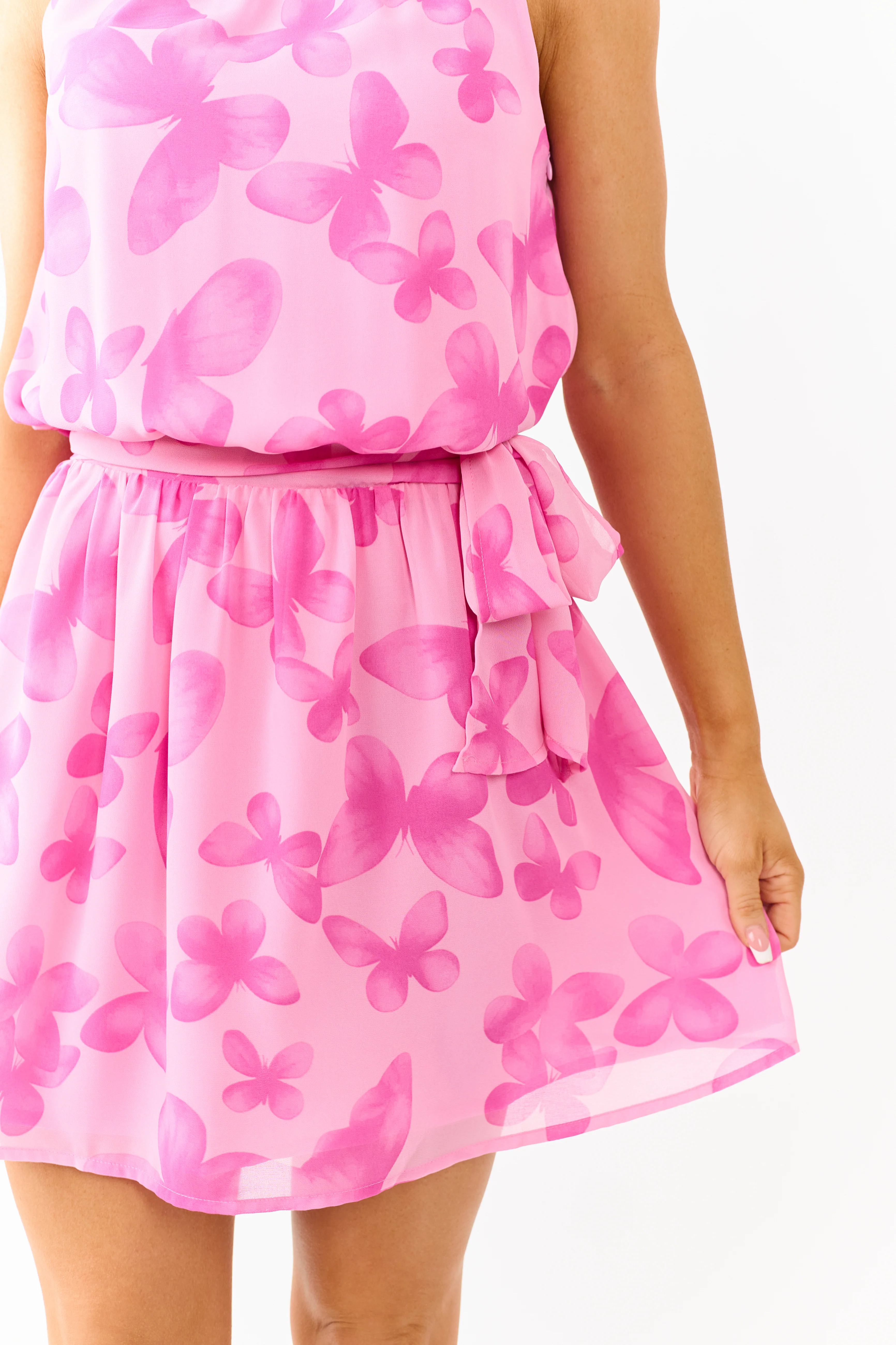 Baby Pink Butterfly Chiffon Waist Tie Mini Dress - Image 6