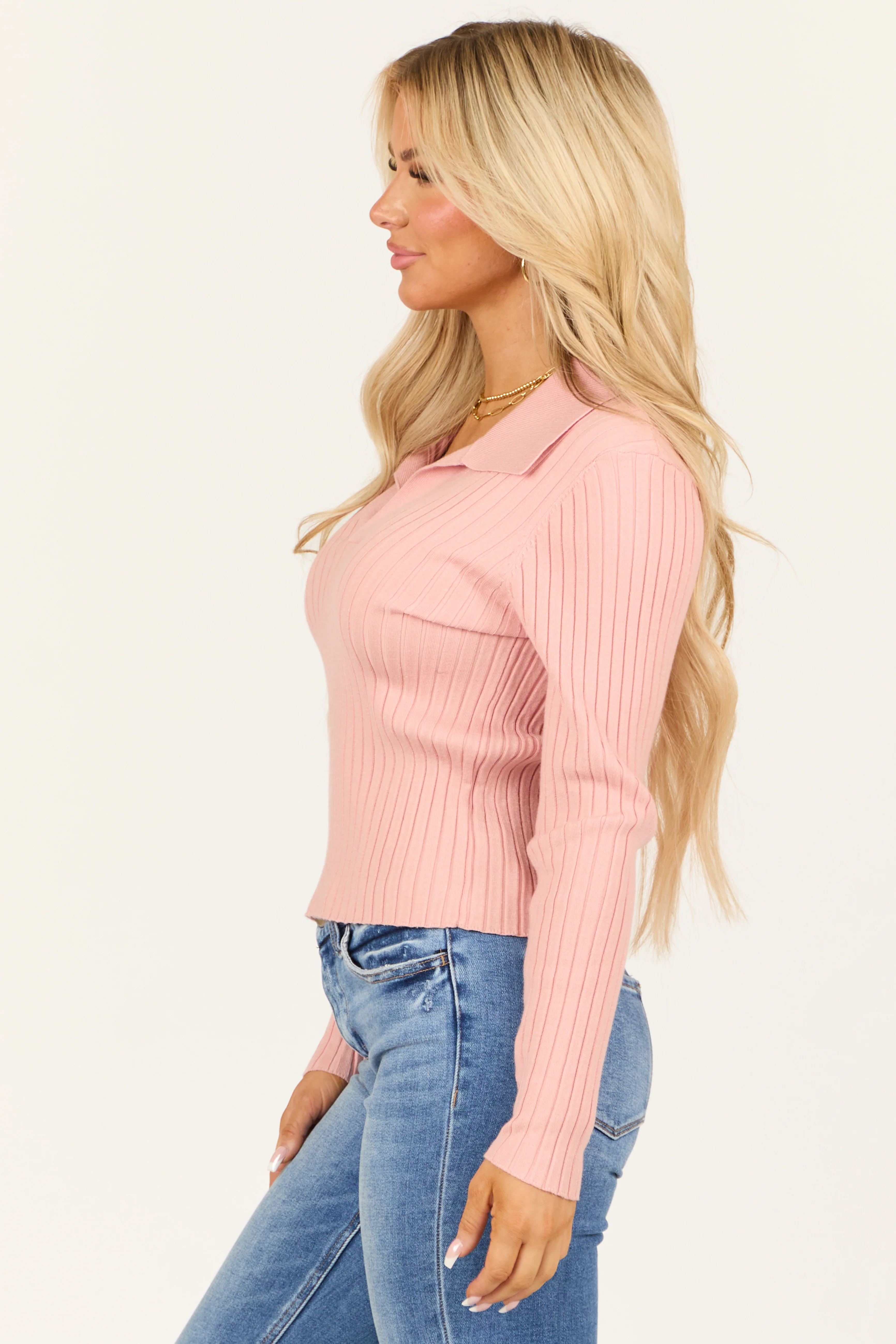 Baby Pink Collared Ribbed Knit Long Sleeve Sweater - Image 5