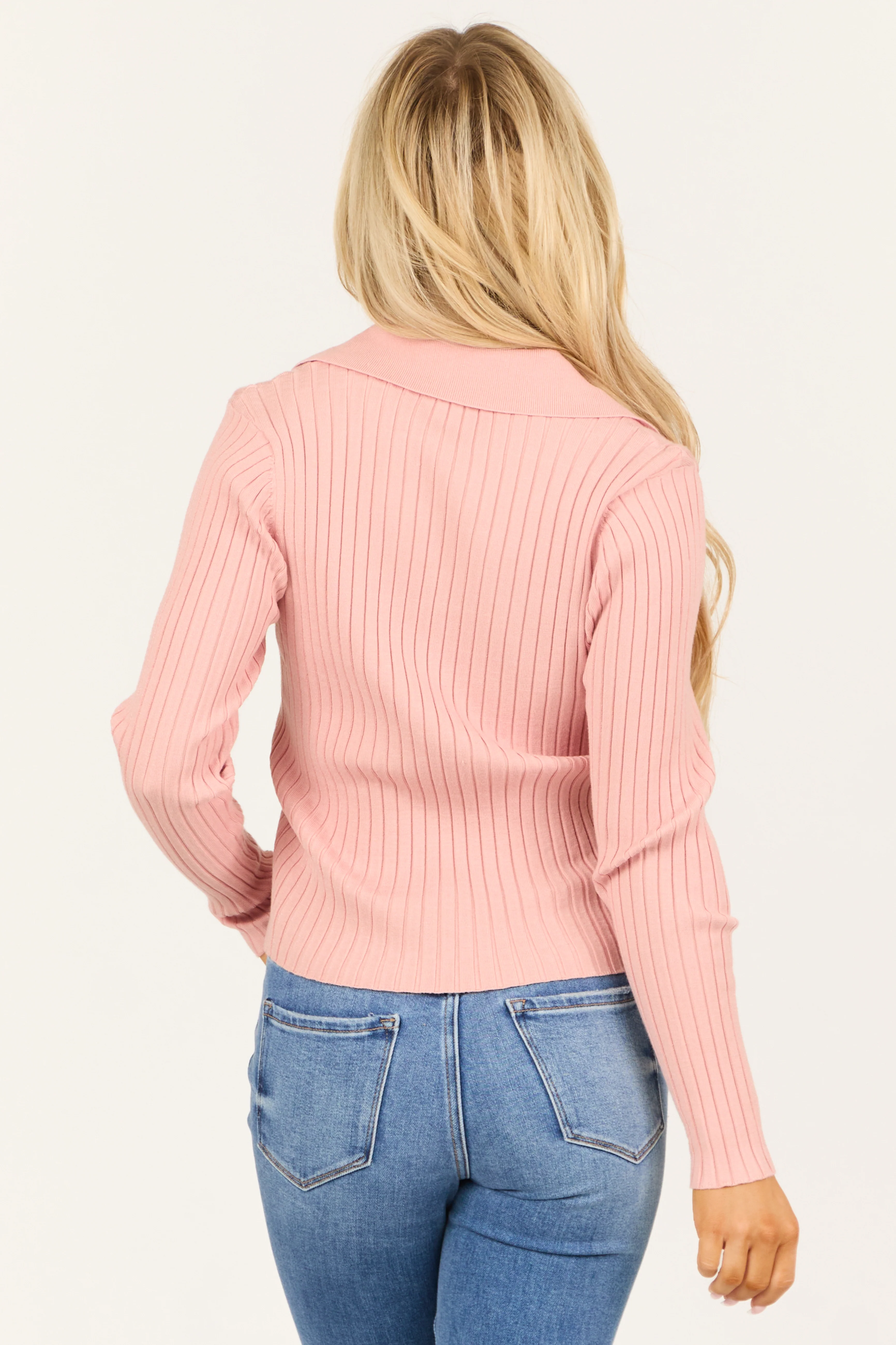Baby Pink Collared Ribbed Knit Long Sleeve Sweater - Image 6
