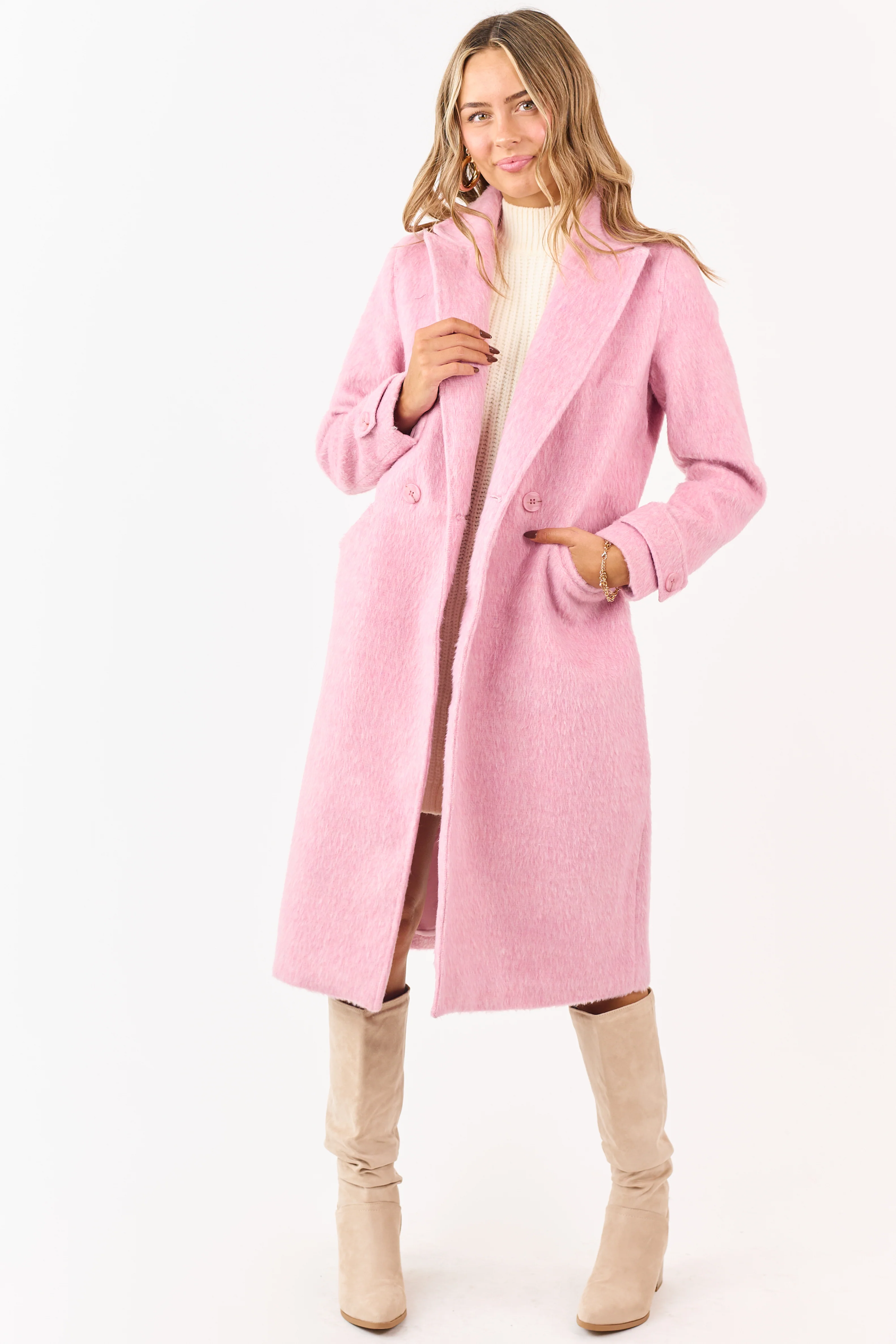 Baby Pink Eyelash Texture Longline Trench Coat - Image 5