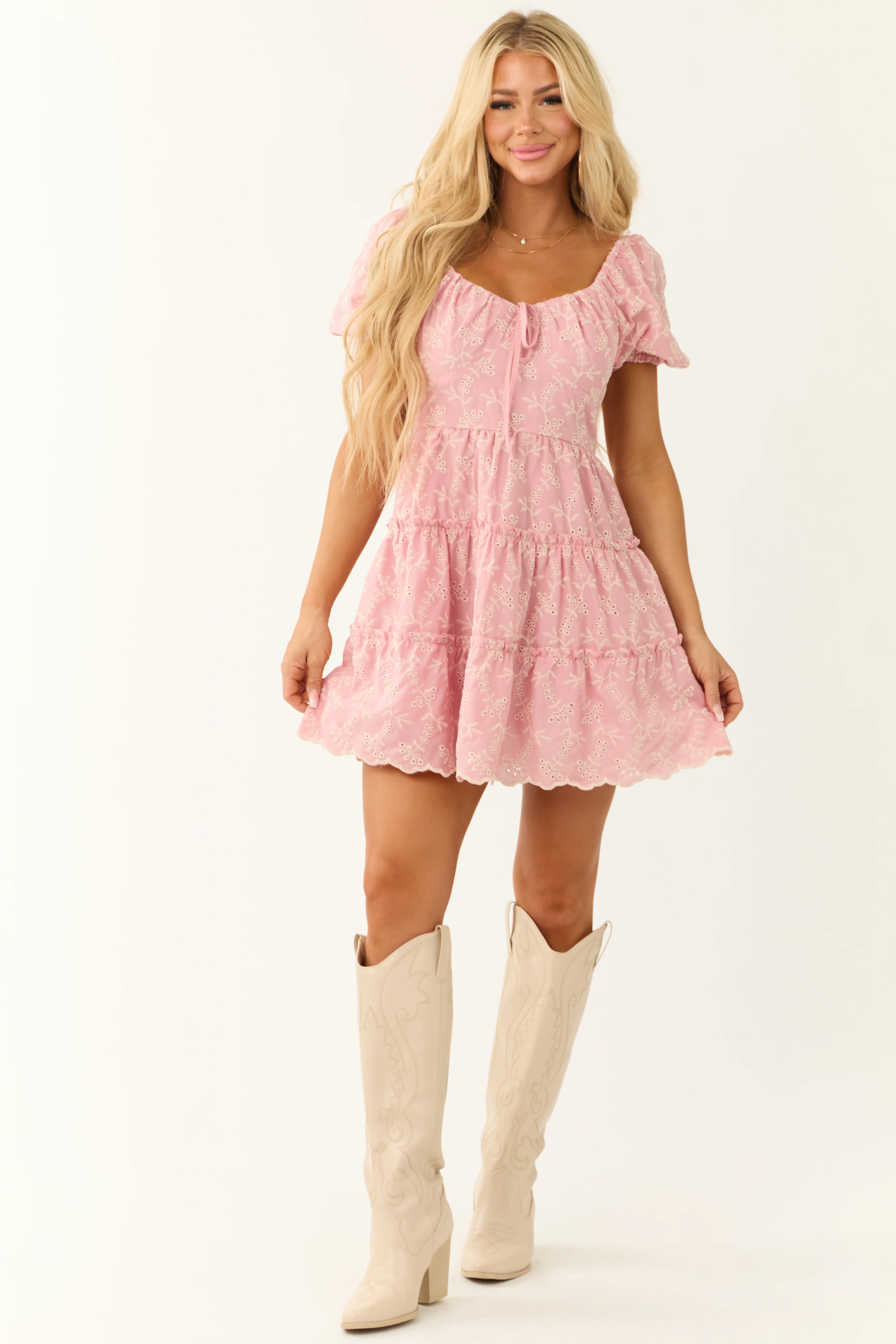 Baby Pink Floral Eyelet Puff Sleeve Tiered Mini Dress - Image 2