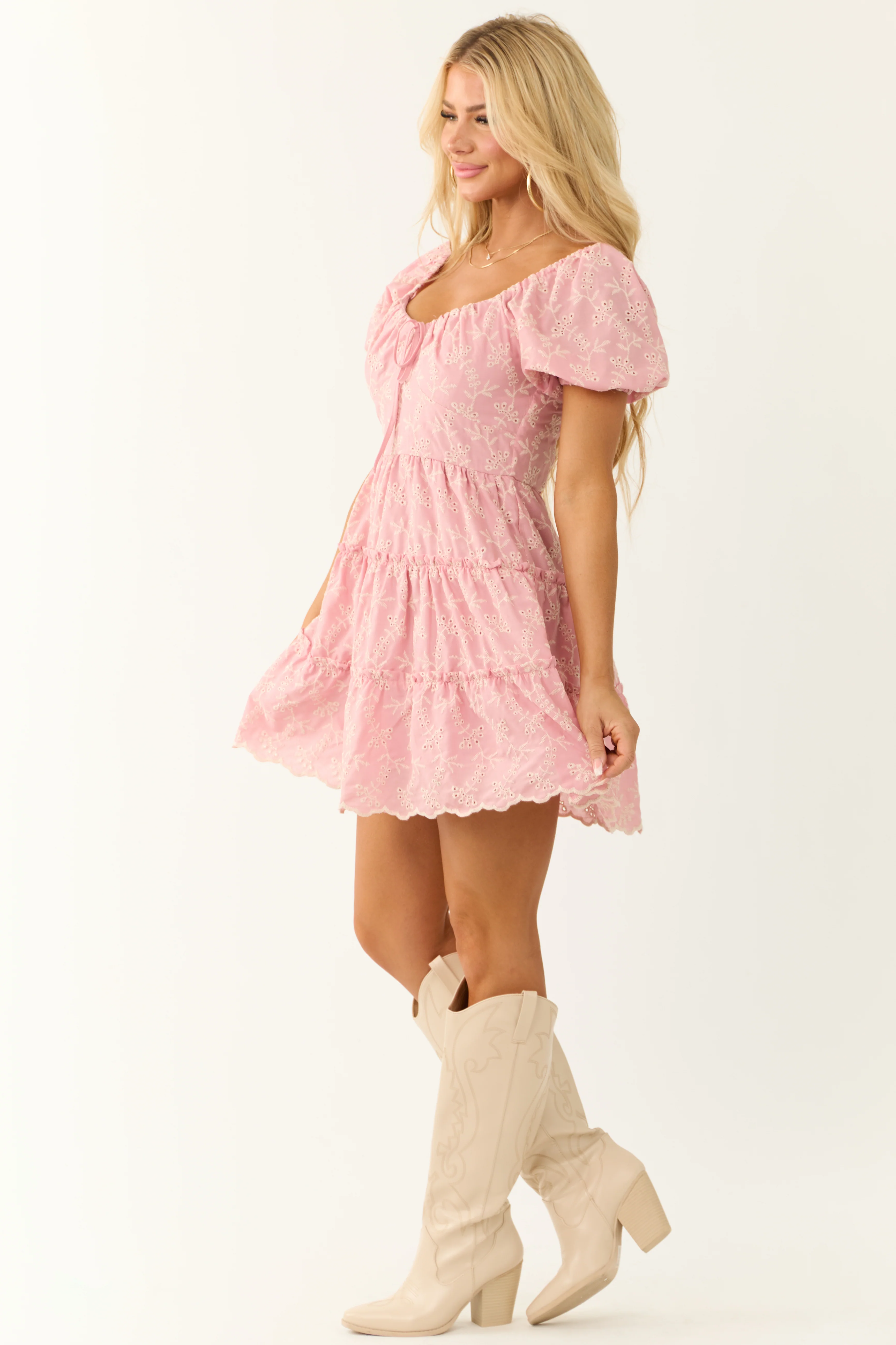 Baby Pink Floral Eyelet Puff Sleeve Tiered Mini Dress - Image 5