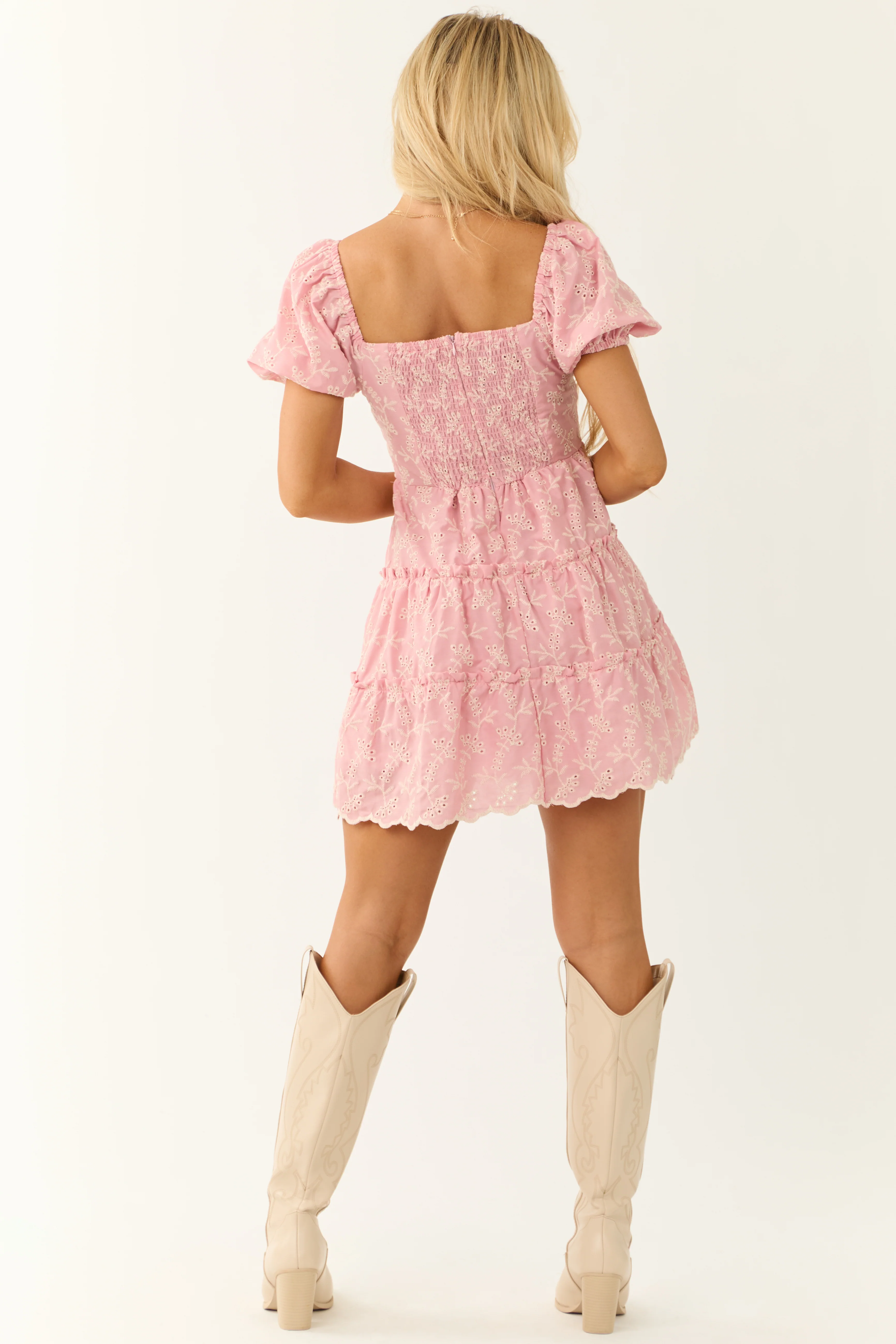 Baby Pink Floral Eyelet Puff Sleeve Tiered Mini Dress - Image 6