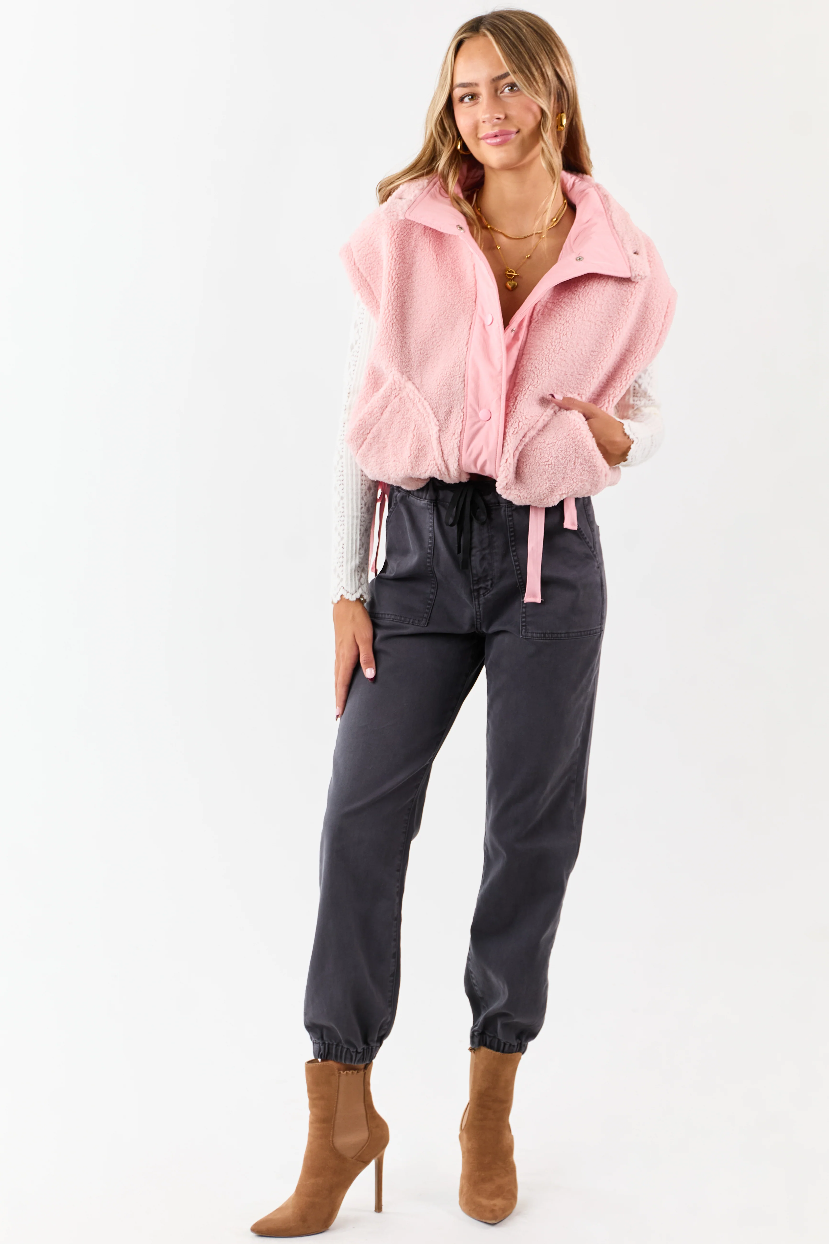 Baby Pink Sherpa Button Down Side Tie Vest - Image 2