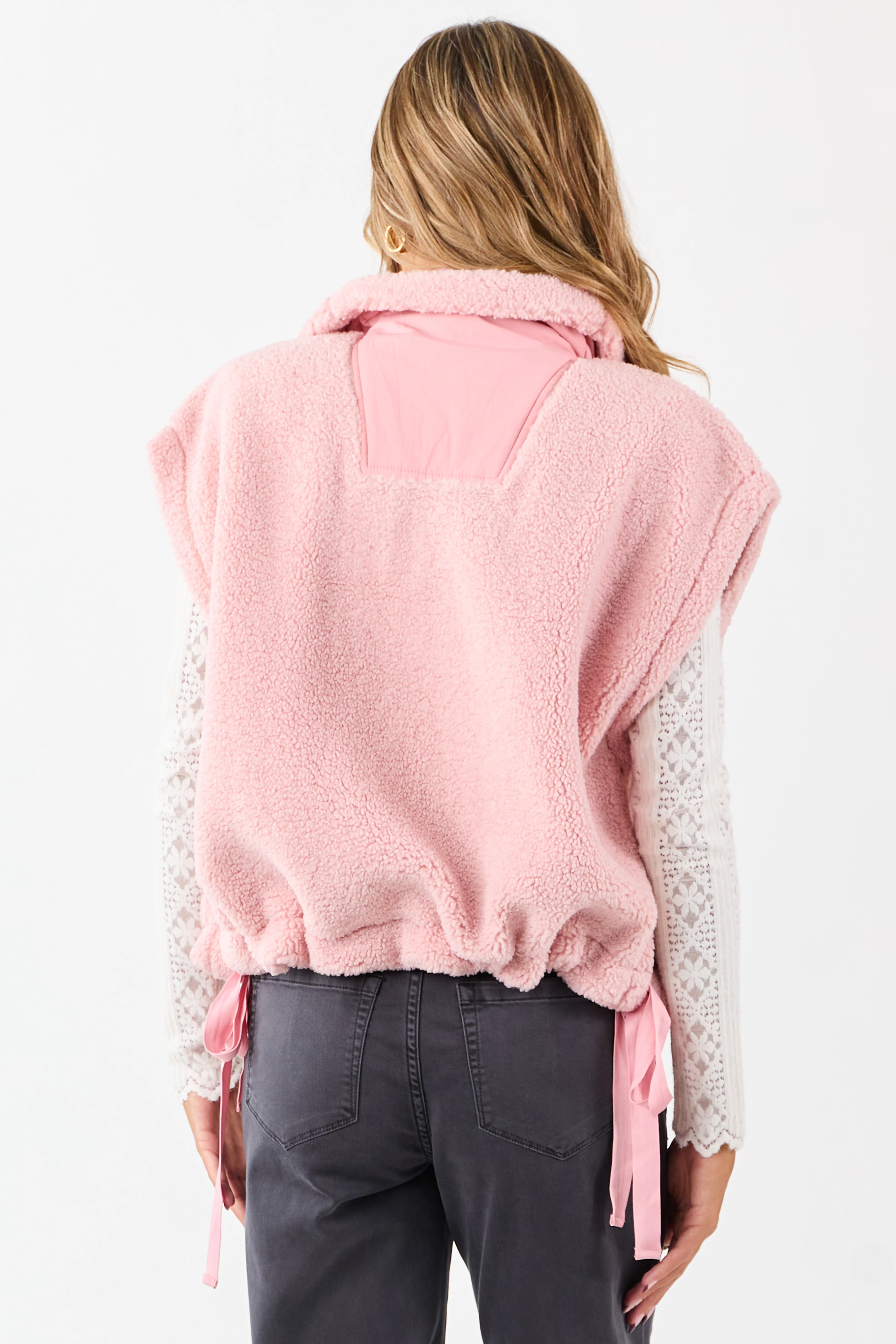 Baby Pink Sherpa Button Down Side Tie Vest - Image 6