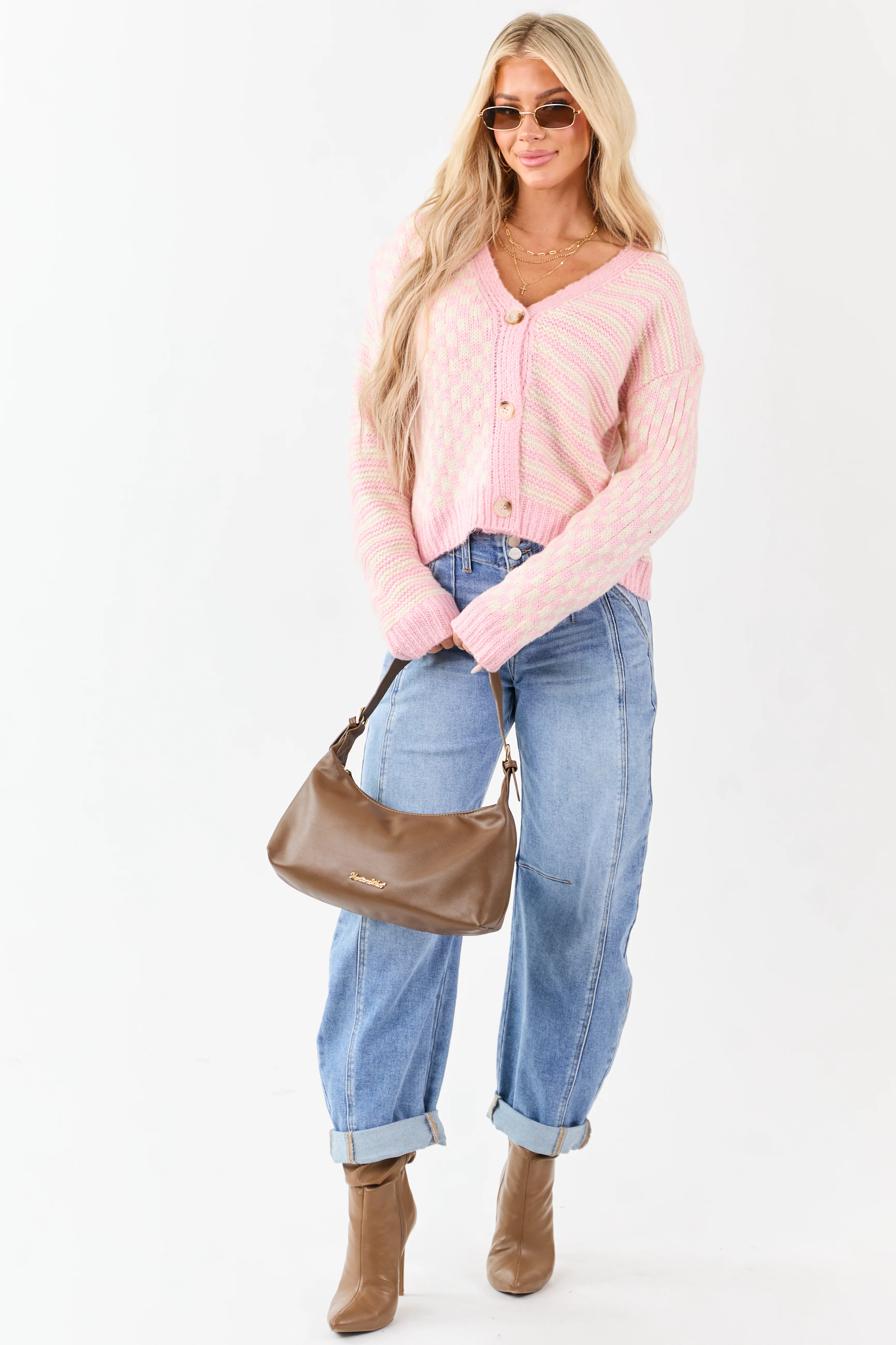 Baby Pink Striped and Checkered Cardigan - Image 5