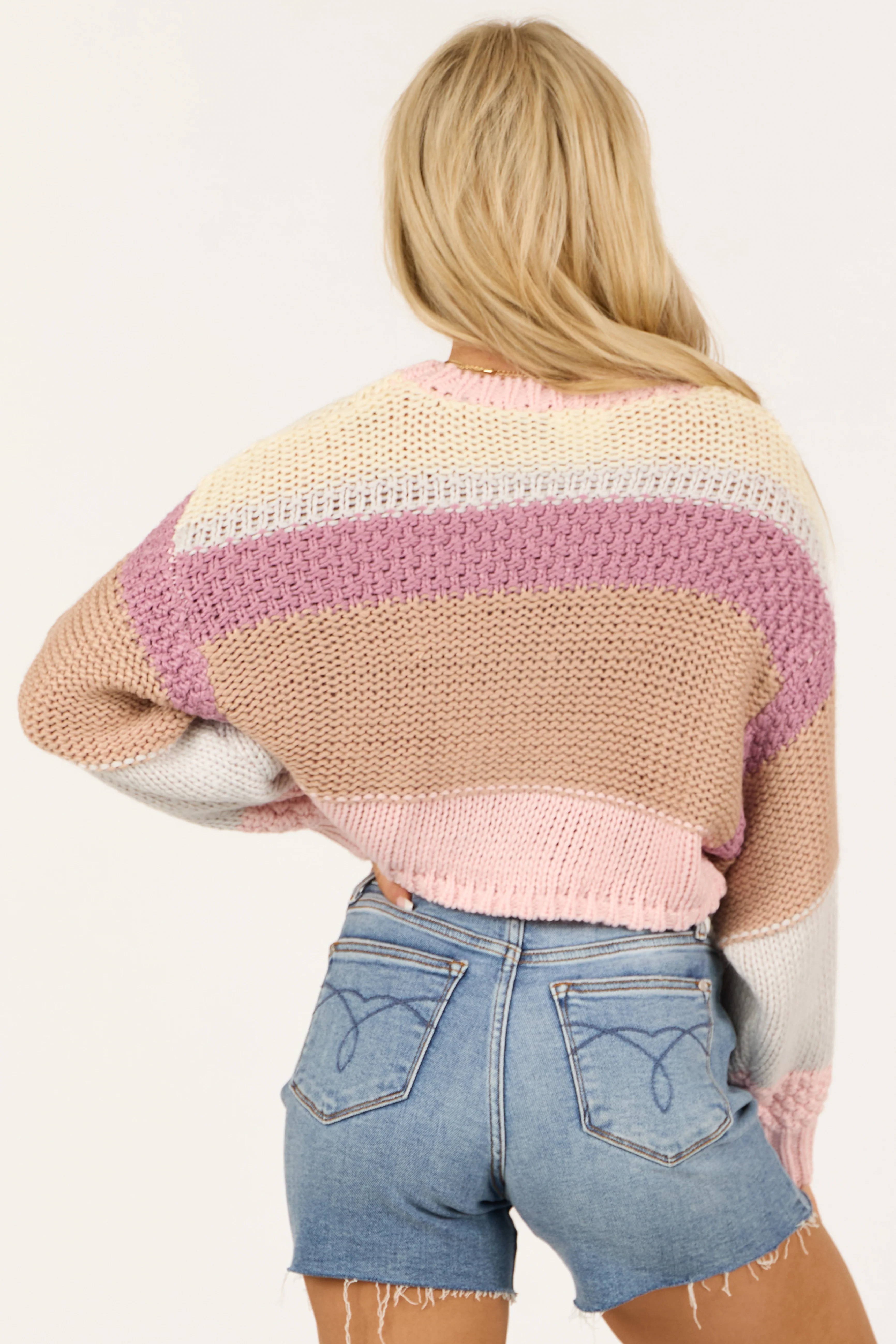 Baby Pink Striped Long Sleeve Cropped Sweater - Image 6