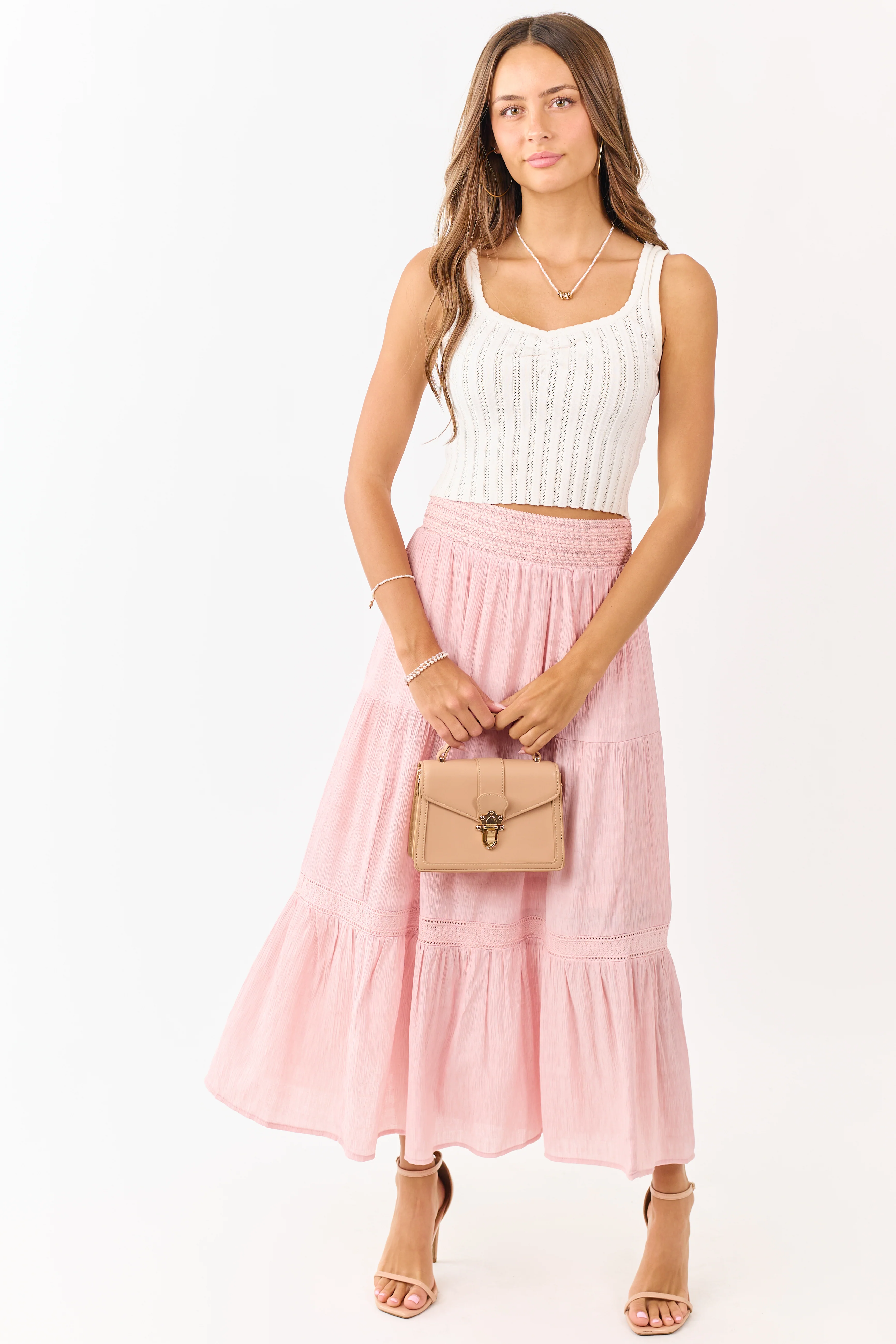 Baby Pink Tiered Smocked Waistband Midi Skirt - Image 7