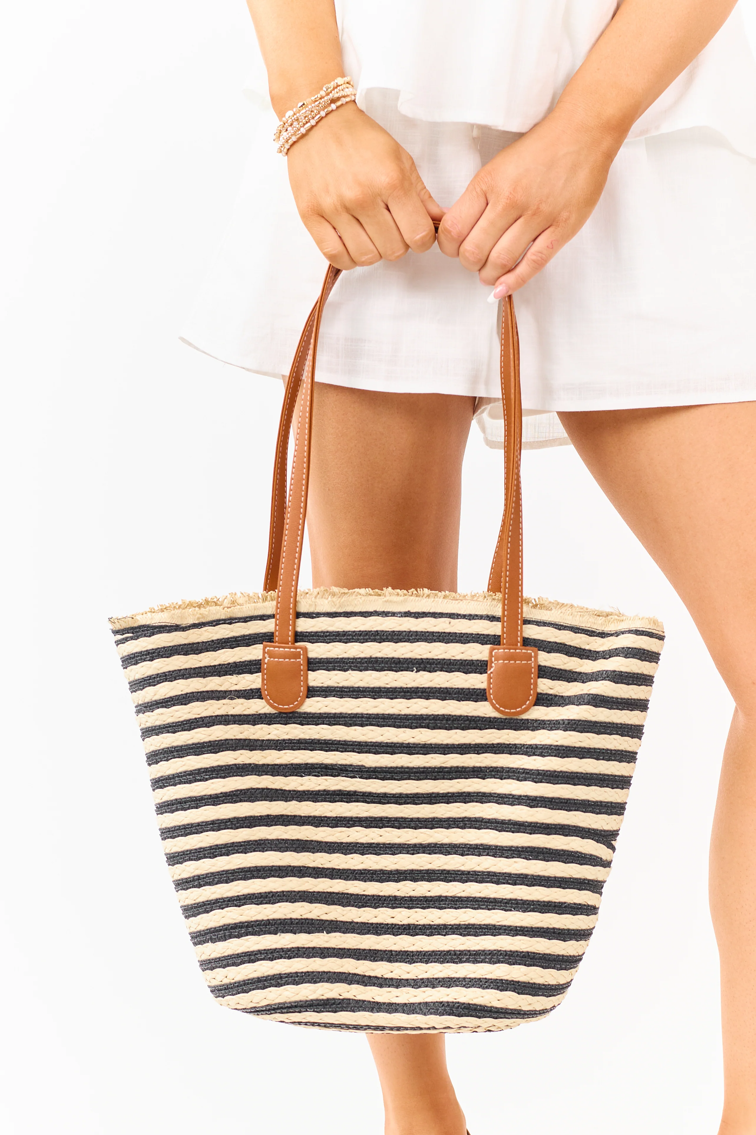 Beige and Black Striped Straw Zip Up Tote Bag - Image 2