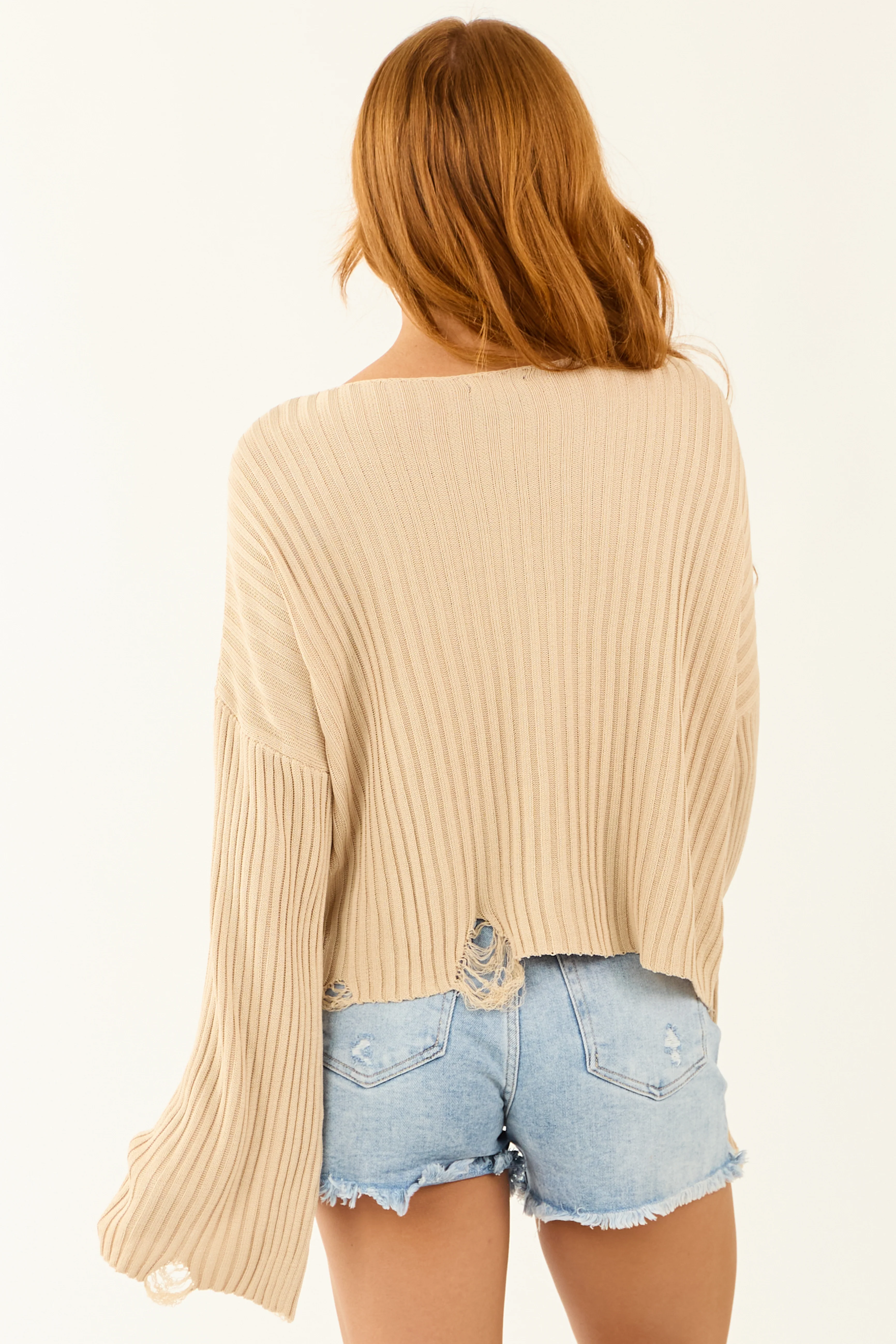 Beige Boatneck Distressed Flare Sleeve Sweater - Image 5