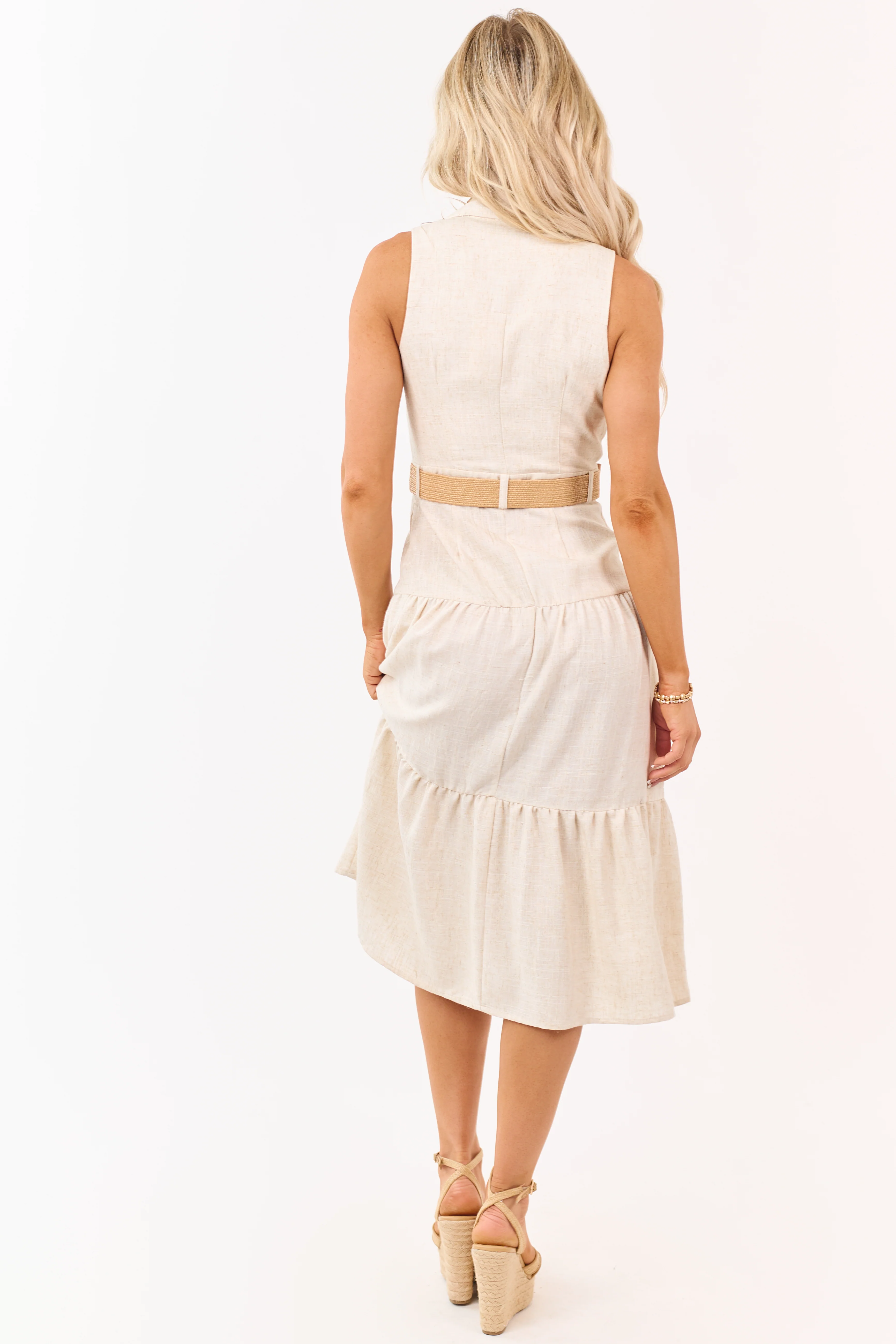 Beige Button Down Belted Sleeveless Midi Dress - Image 6