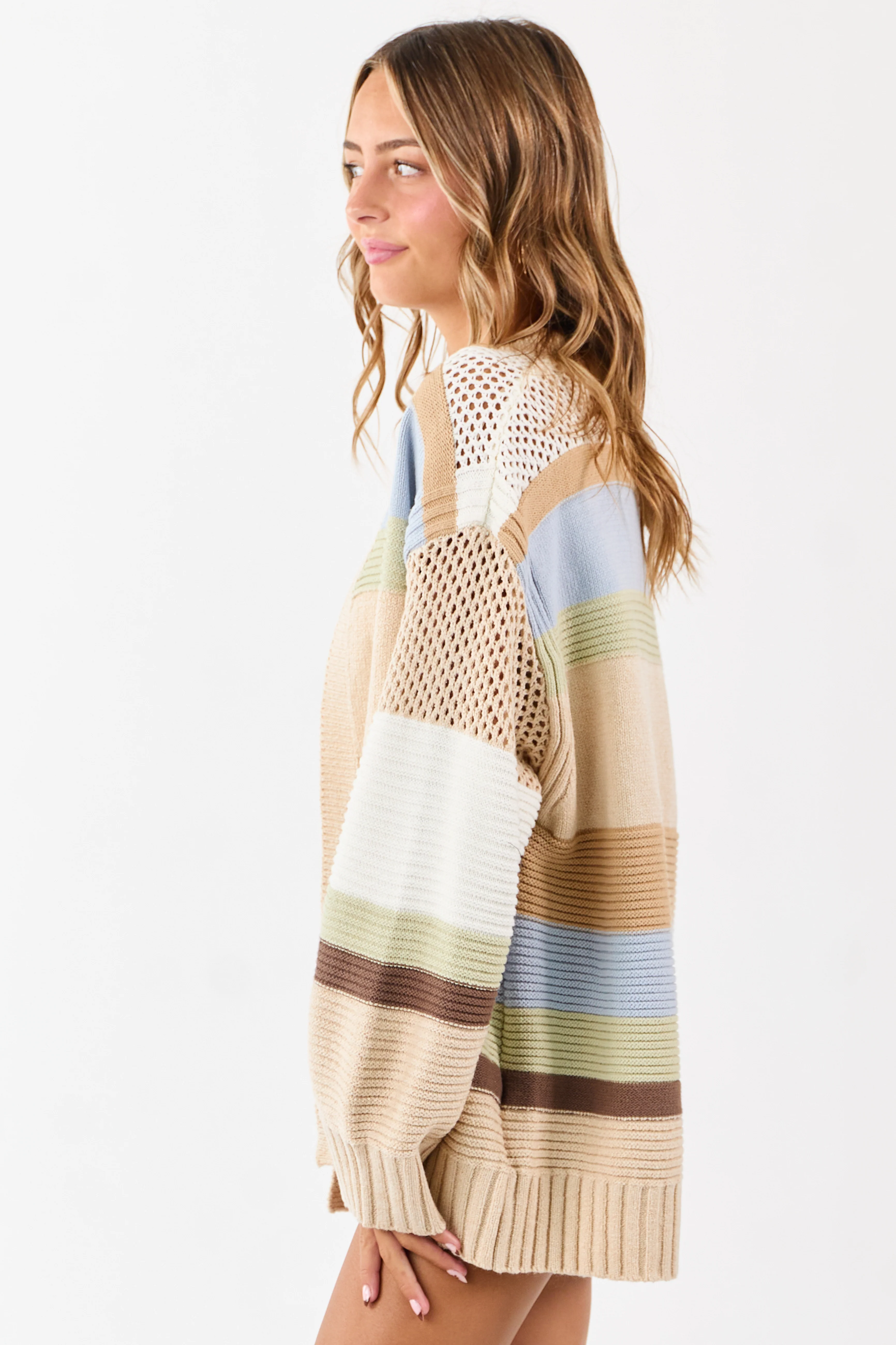 Beige Colorblock Striped Relaxed Open Front Cardigan - Image 4